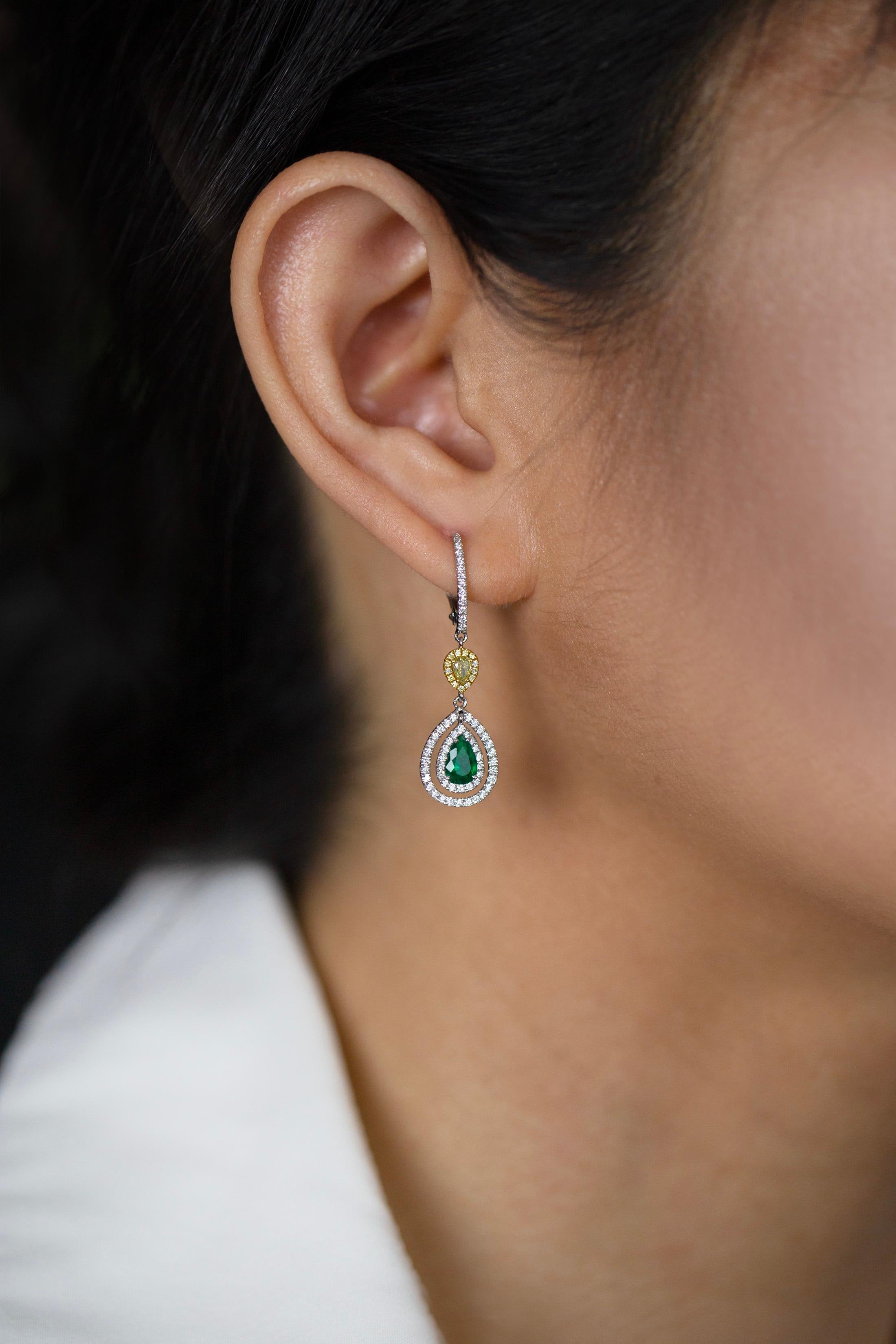 Pear Cut 0.69 Carats Total Pear Shape Green Emerald & Yellow Diamond Halo Dangle Earrings For Sale