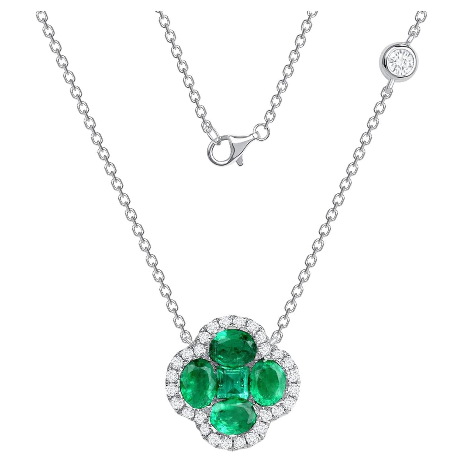 0.69 Ct Emerald 0.28 Ct Diamond 18K White Gold Four Leaf Flower Pendant Necklace
