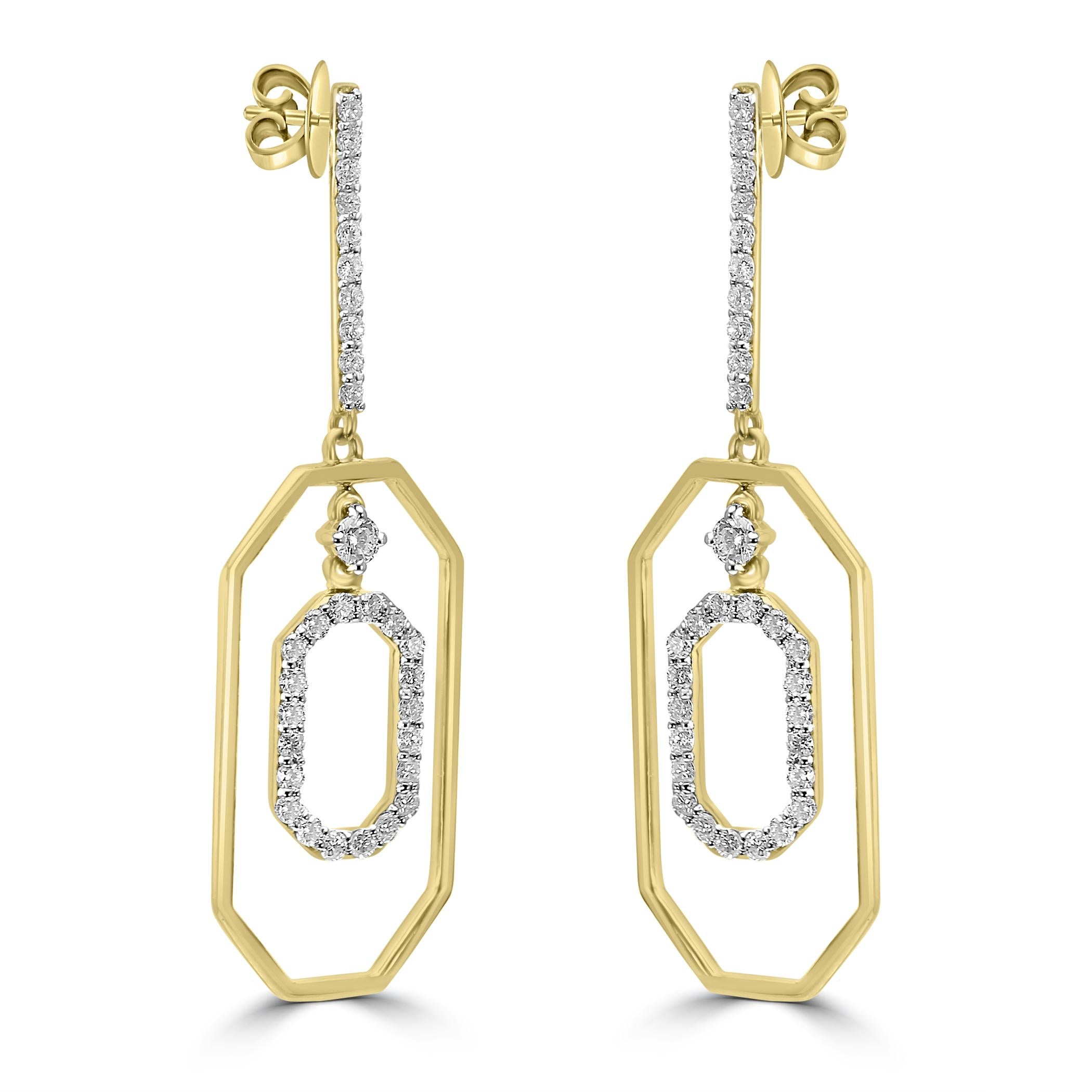 Step up your fashion with our fashion dangle earrings, an expression of sophistication and glamour. These earrings feature a cascade of White Diamond Rounds, totaling 0.69 carats, meticulously set to create an ensemble of brilliance and