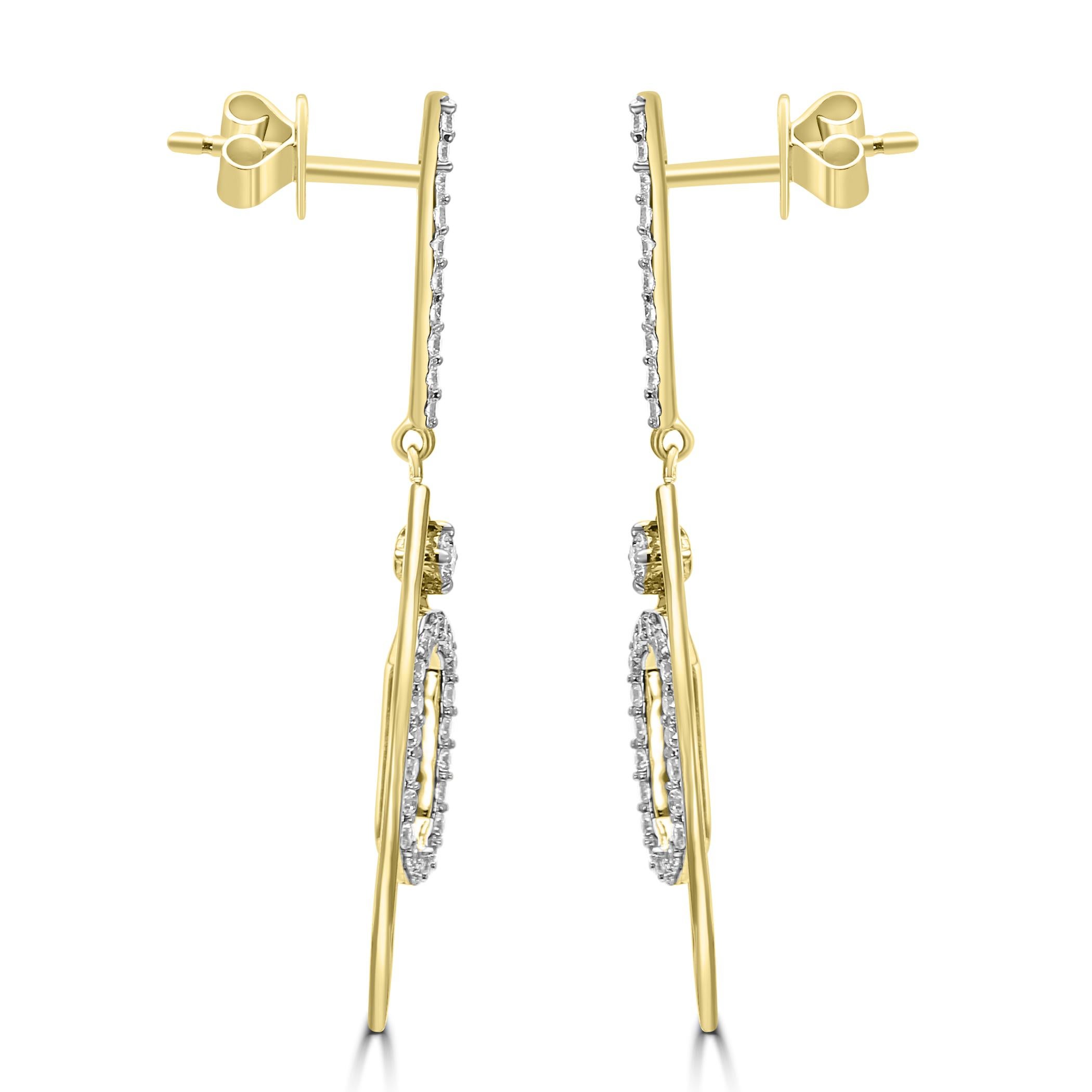Modern Stylish White Diamond Round 14K Yellow Gold Fancy Fashion Dangle Drop Earrings For Sale