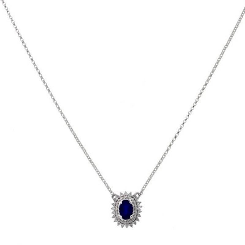 Style: Sapphire diamond necklace
Material: 14k white gold
Gemstone Details: Approximately 0.69ct blue sapphire
Diamond Details: Approximately 0.22ctw round brilliant diamonds. Diamonds are G/H in color and SI in clarity.
Measurements: 18″ in