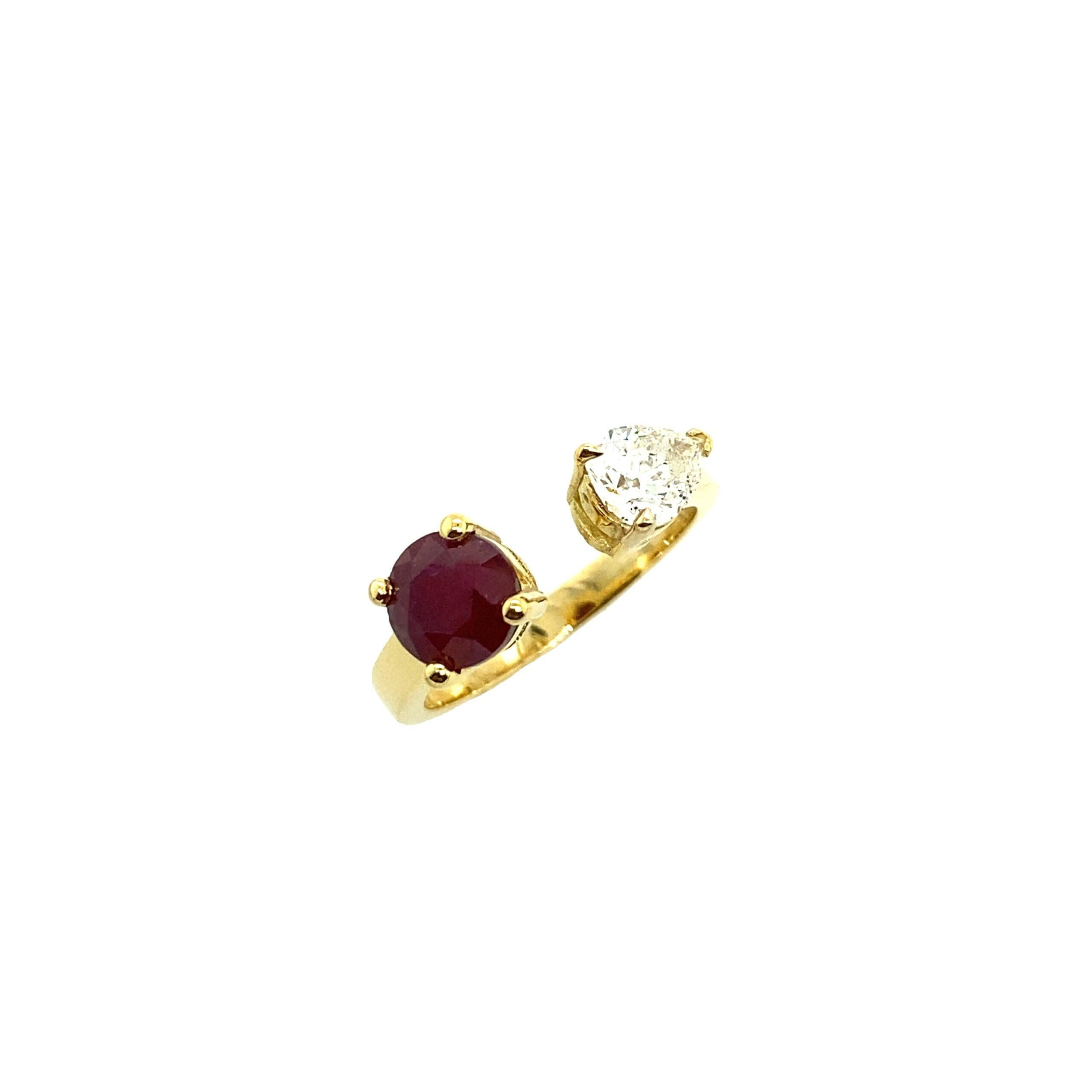 0.69ct G/H/SI Pear Shape Natural Diamond + 1.48ct Round Ruby, Set In 18ct Gold
18ct Yellow Gold Pear Shape Natural Diamond and Natural Round Ruby Ring
The Ruby is a lustrous, deep red stone that has accrued special and symbolic meaning through time.