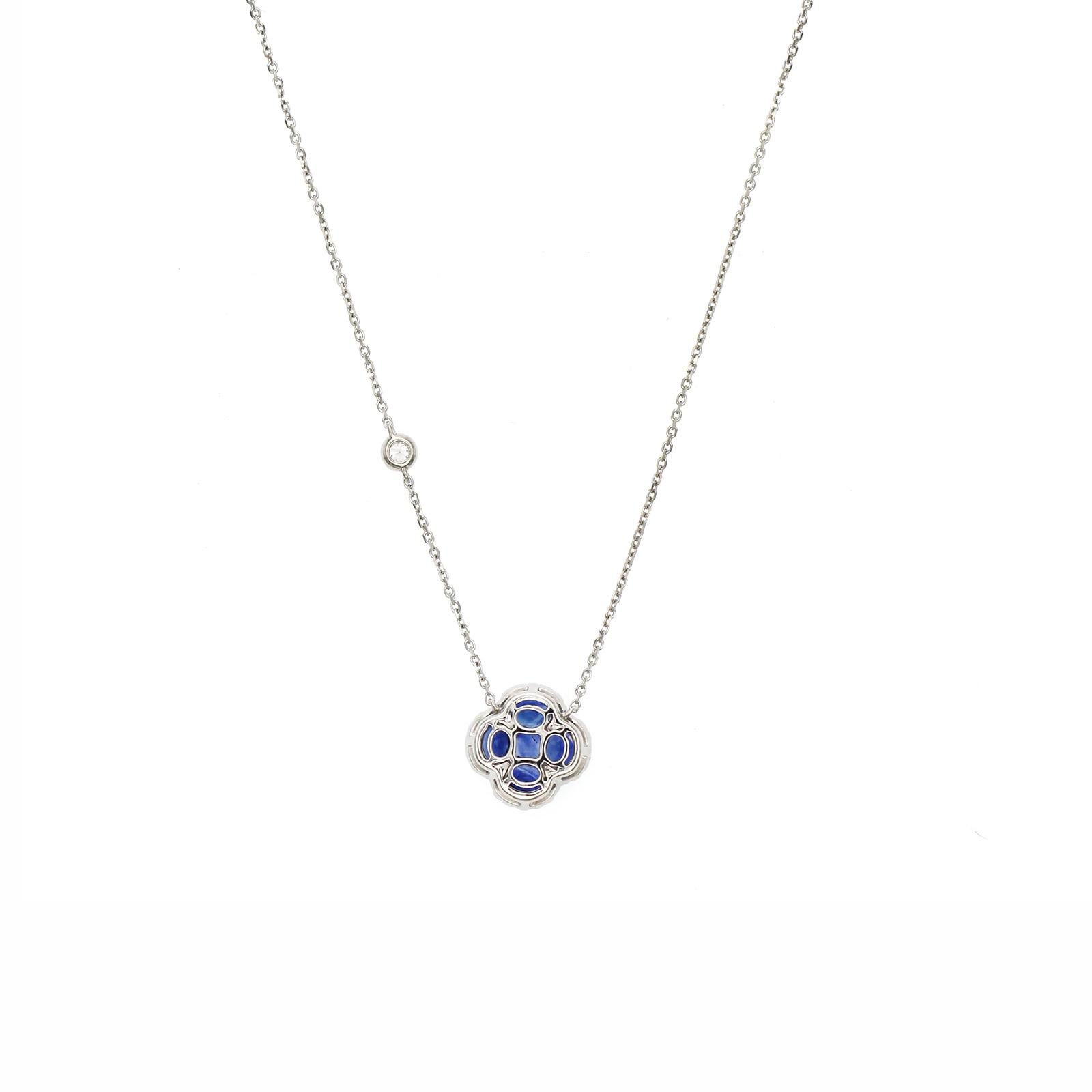 Round Cut 0.69CT Sapphire 0.28 CT Diamond 18K White Gold Four Leaf Flower Pendant Necklace