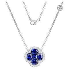 0.69CT Sapphire 0.28 CT Diamond 18K White Gold Four Leaf Flower Pendant Necklace