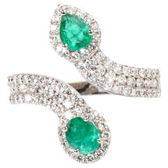 0.6ct Natural Emerald and Diamond Dual Stone Adjustable Ring in 18K White Gold