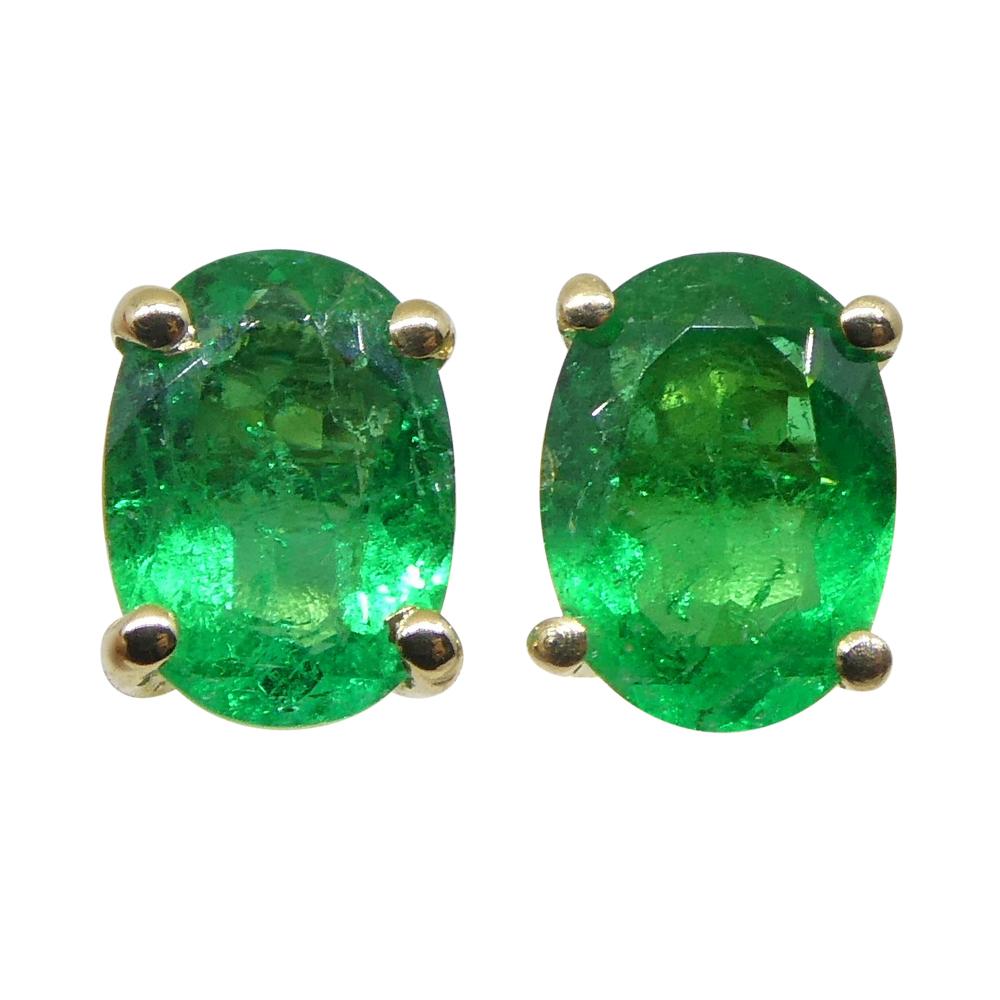 Contemporary 0.6ct Oval Green Colombian Emerald Stud Earrings set in 14k Yellow Gold For Sale