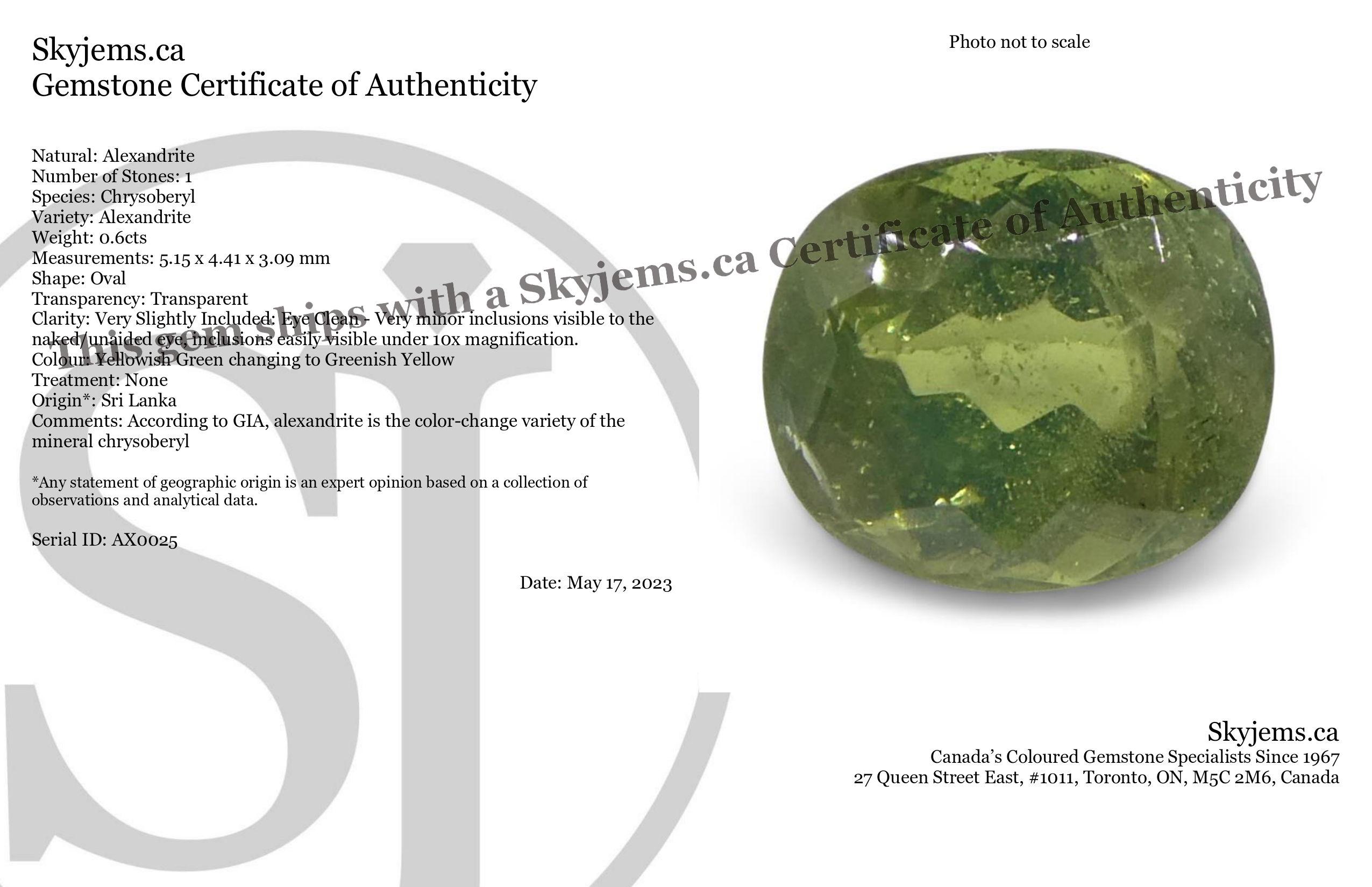 Description:

Gem Type: Alexandrite 
Number of Stones: 1
Weight: 0.6 cts
Measurements: 5.15 x 4.41 x 3.09 mm
Shape: Oval
Cutting Style Crown: Brilliant Cut
Cutting Style Pavilion: Brilliant Cut 
Transparency: Transparent
Clarity: Very Slightly