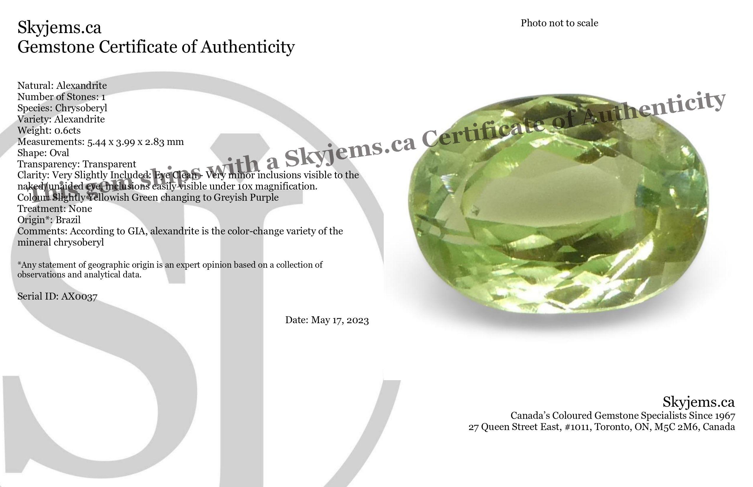 Description:

Gem Type: Alexandrite 
Number of Stones: 1
Weight: 0.6 cts
Measurements: 5.44 x 3.99 x 2.83 mm
Shape: Oval
Cutting Style Crown: Brilliant Cut
Cutting Style Pavilion: Brilliant Cut 
Transparency: Transparent
Clarity: Very Slightly