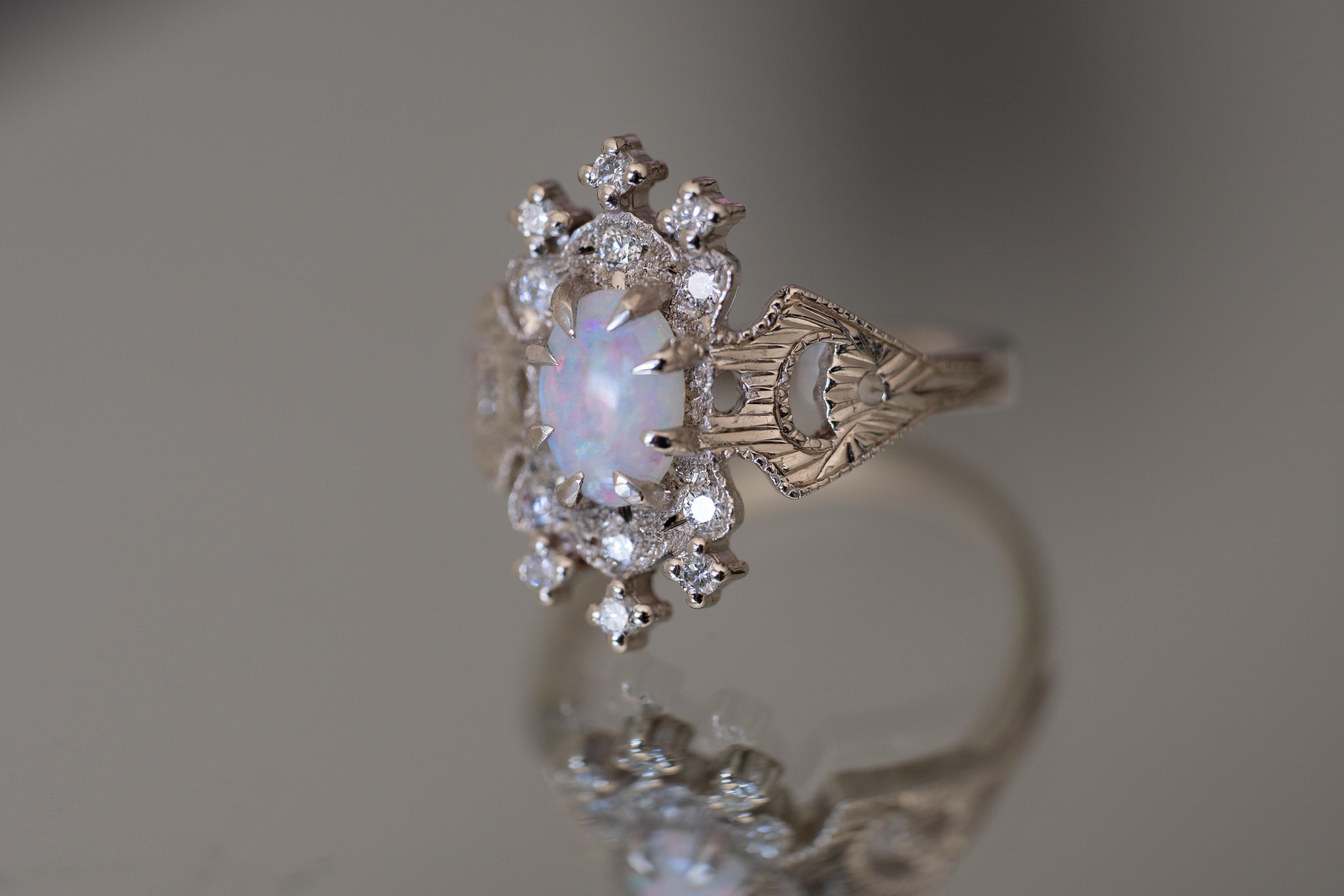 For Sale:  0.7 Carat Australian Opal Diamond Oval Cut Claw Prong Moon Crescent Lullaby Ring 14