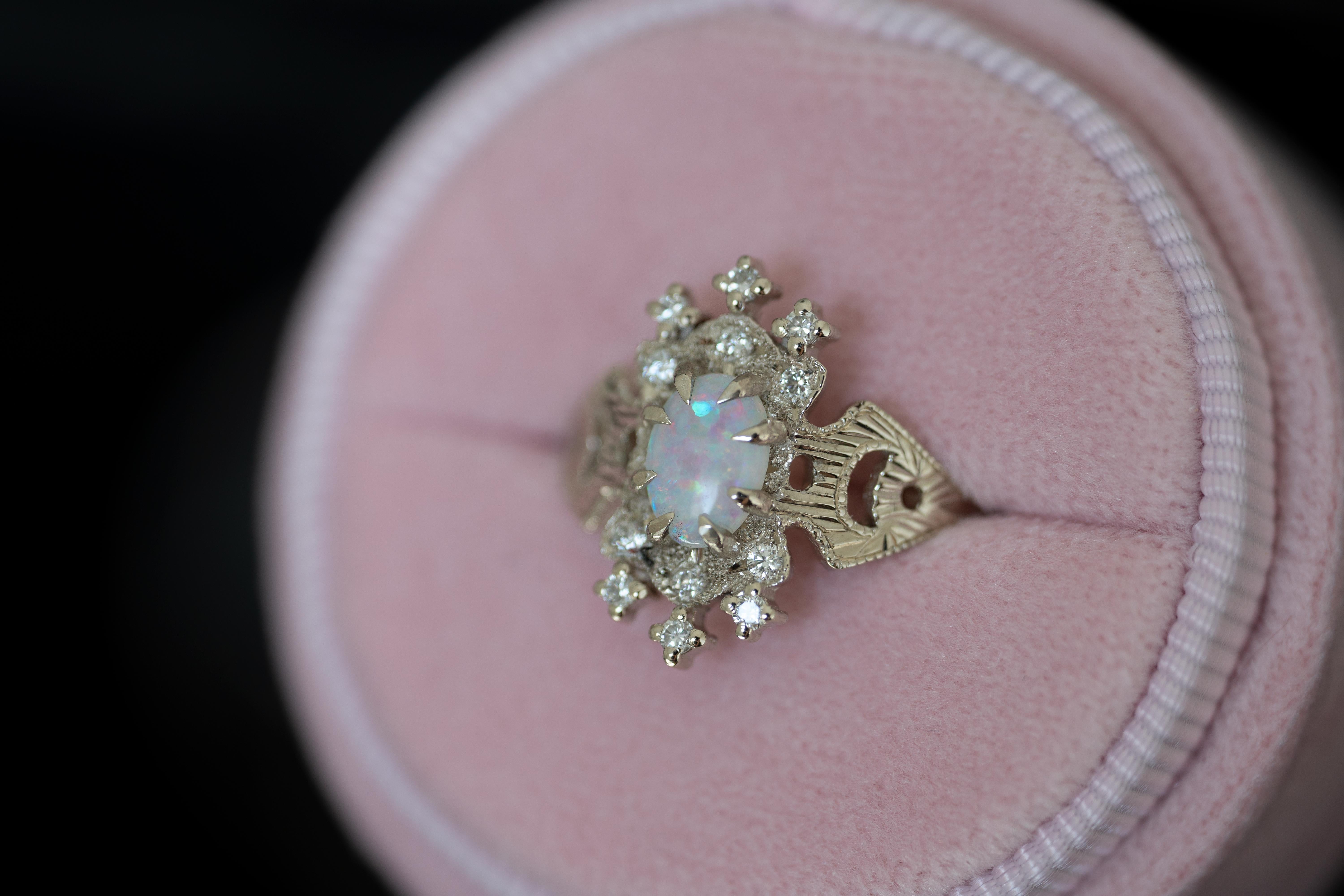 For Sale:  0.7 Carat Australian Opal Diamond Oval Cut Claw Prong Moon Crescent Lullaby Ring 15
