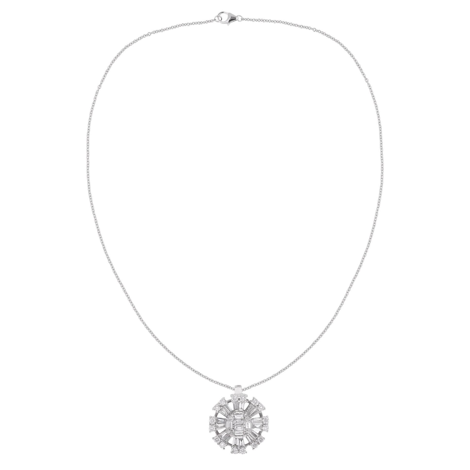 Collier pendentif créateur en or blanc 14 carats avec diamants baguettes et ronds de 0,7 carat