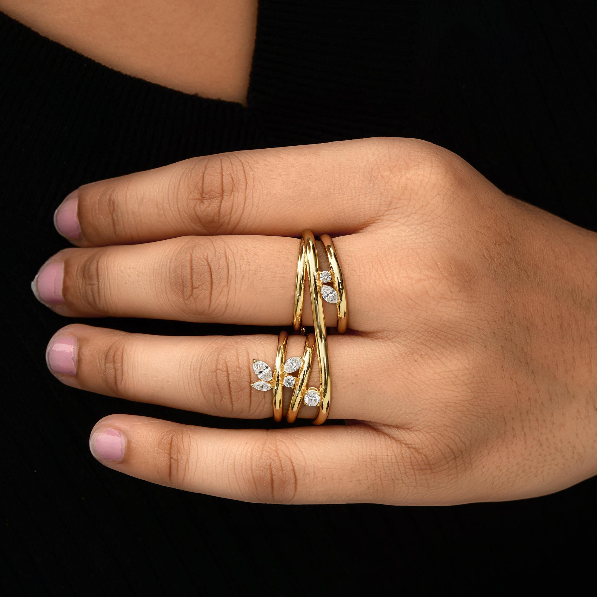 Modern 0.7 Carat Marquise Round Diamond Double Finger Ring 14 Karat Yellow Gold Jewelry For Sale
