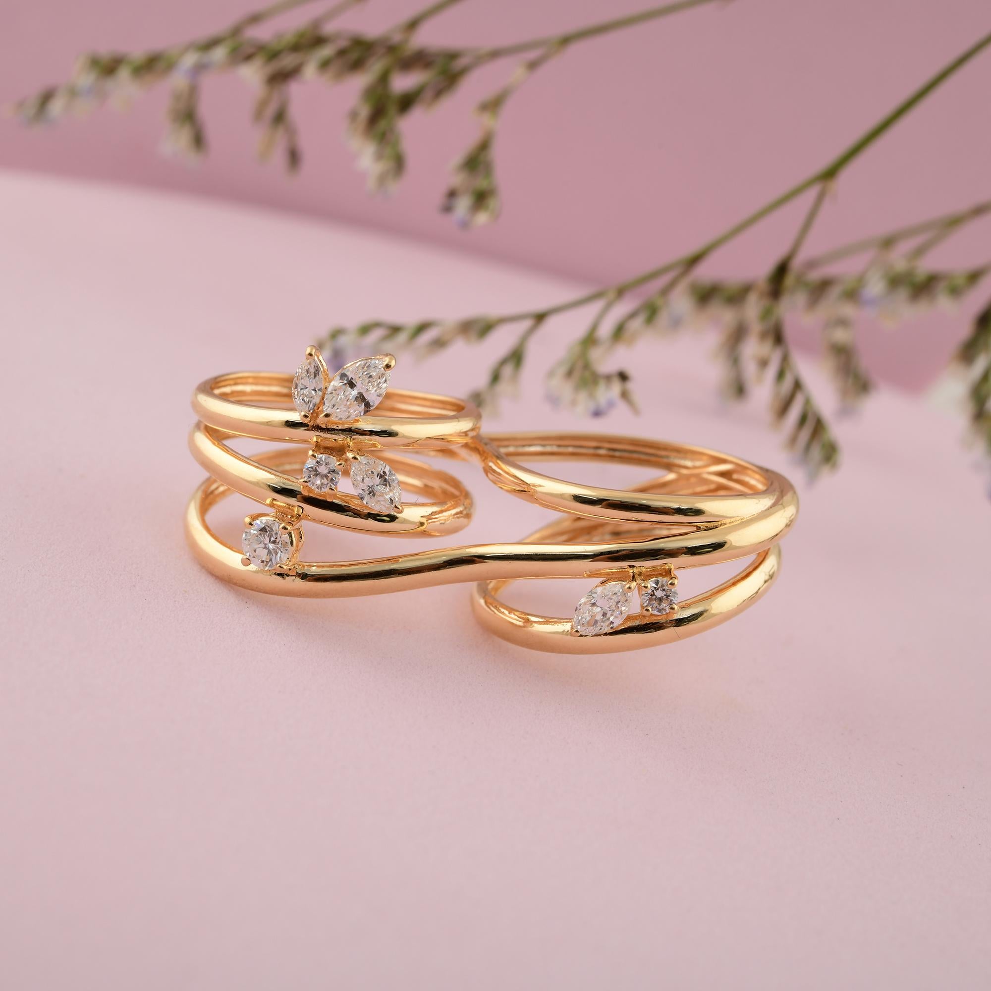 Marquise Cut 0.7 Carat Marquise Round Diamond Double Finger Ring 14 Karat Yellow Gold Jewelry For Sale