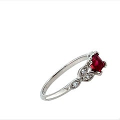 0.7 Carat Princess Cut Ruby and Diamond Ring in 18k White Gold