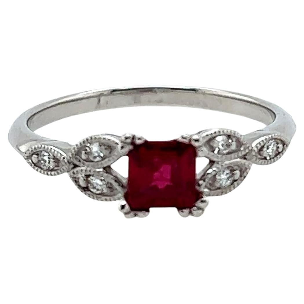0.7 Carat Princess Cut Ruby and Diamond Ring in 18k White Gold For Sale
