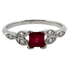 0.7 Carat Princess Cut Ruby and Diamond Ring in 18k White Gold