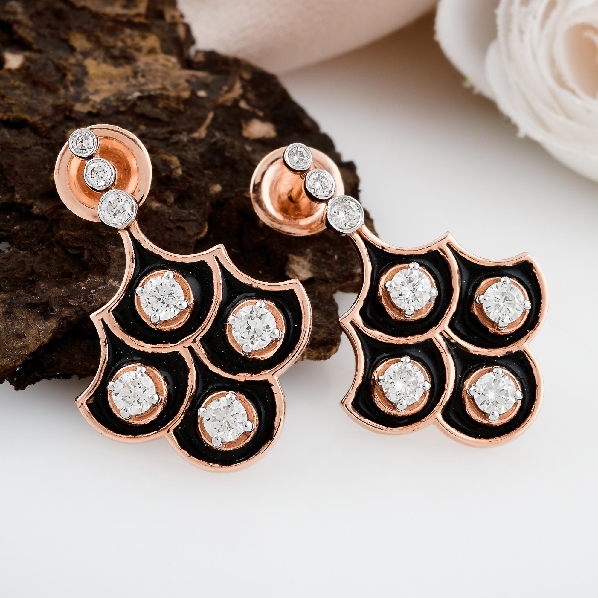 0,7 Karat SI Reinheit HI Farbe Diamant Schwarz Emaille Ohrhänger 14k Roségold (Rundschliff) im Angebot