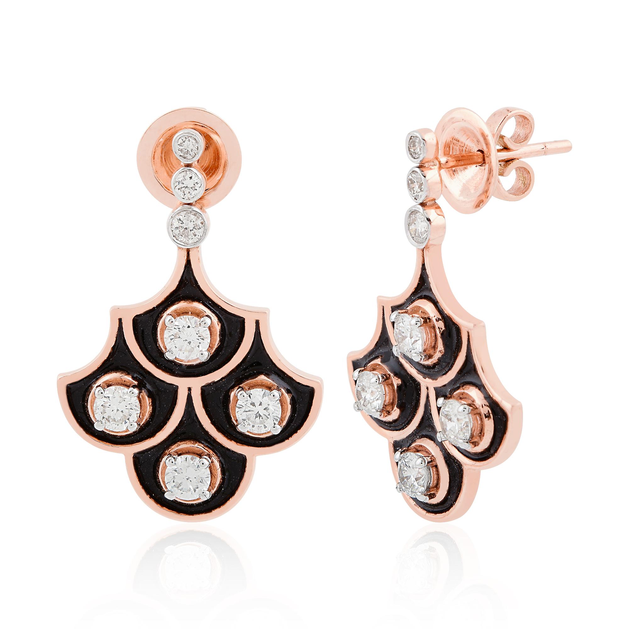 0,7 Quilates SI Claridad HI Color Diamante Esmalte Negro Pendientes Colgantes Oro Rosa 18k Corte redondo en venta