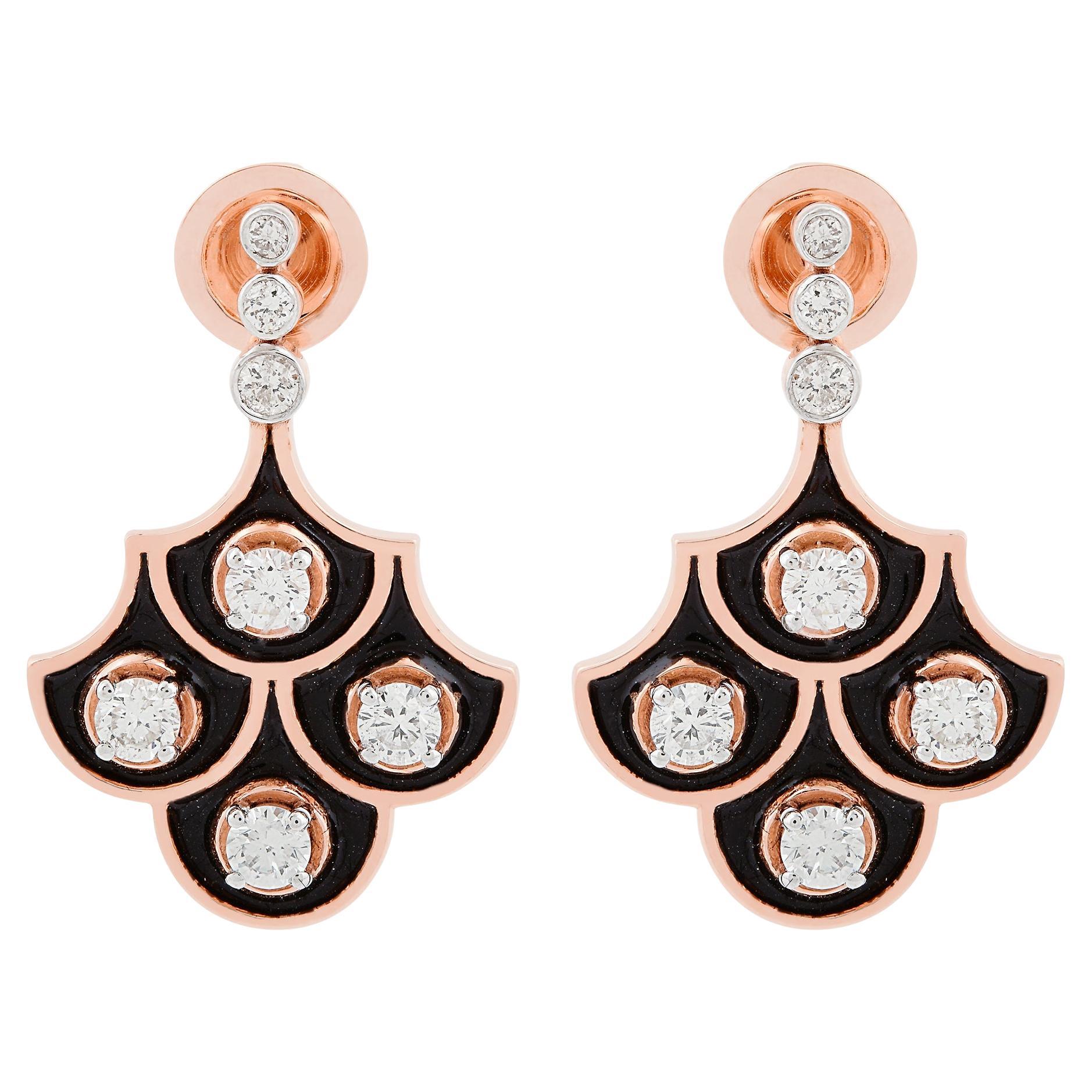 0,7 Quilates SI Claridad HI Color Diamante Esmalte Negro Pendientes Colgantes Oro Rosa 18k en venta