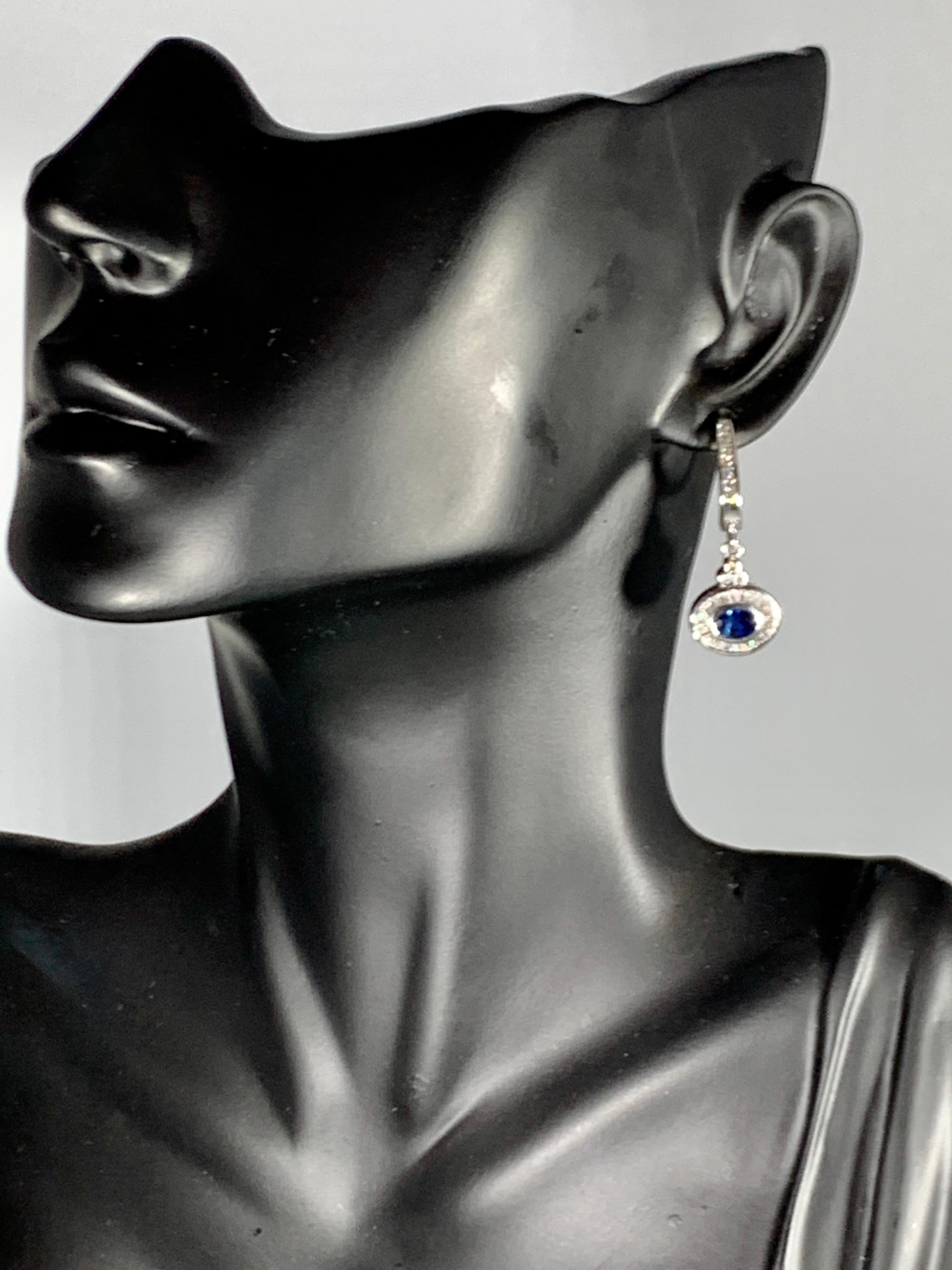0.7 Ct Natural Blue Sapphire & 0.75 Ct Diamond Huggie/Drop Earrings 14Karat Gold For Sale 4