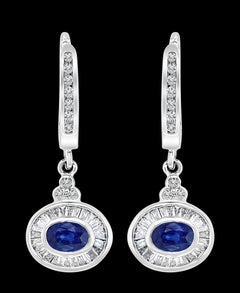 0.7 Ct Natural Blue Sapphire & 0.75 Ct Diamond Huggie/Drop Earrings 14Karat Gold