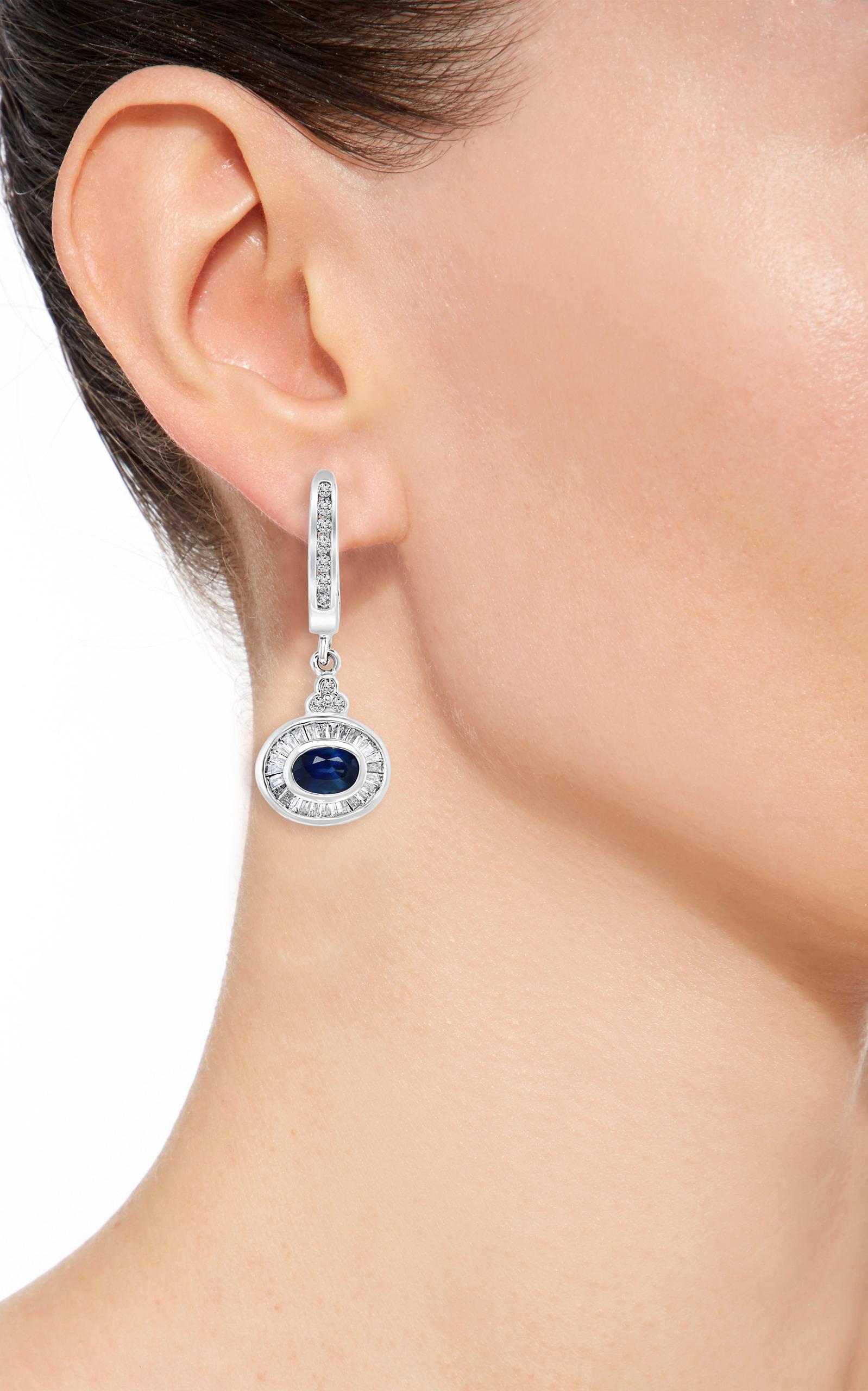 Oval Cut 0.7 Ct Natural Blue Sapphire & 0.75 Ct Diamond Huggie/Drop Earrings 14Karat Gold For Sale