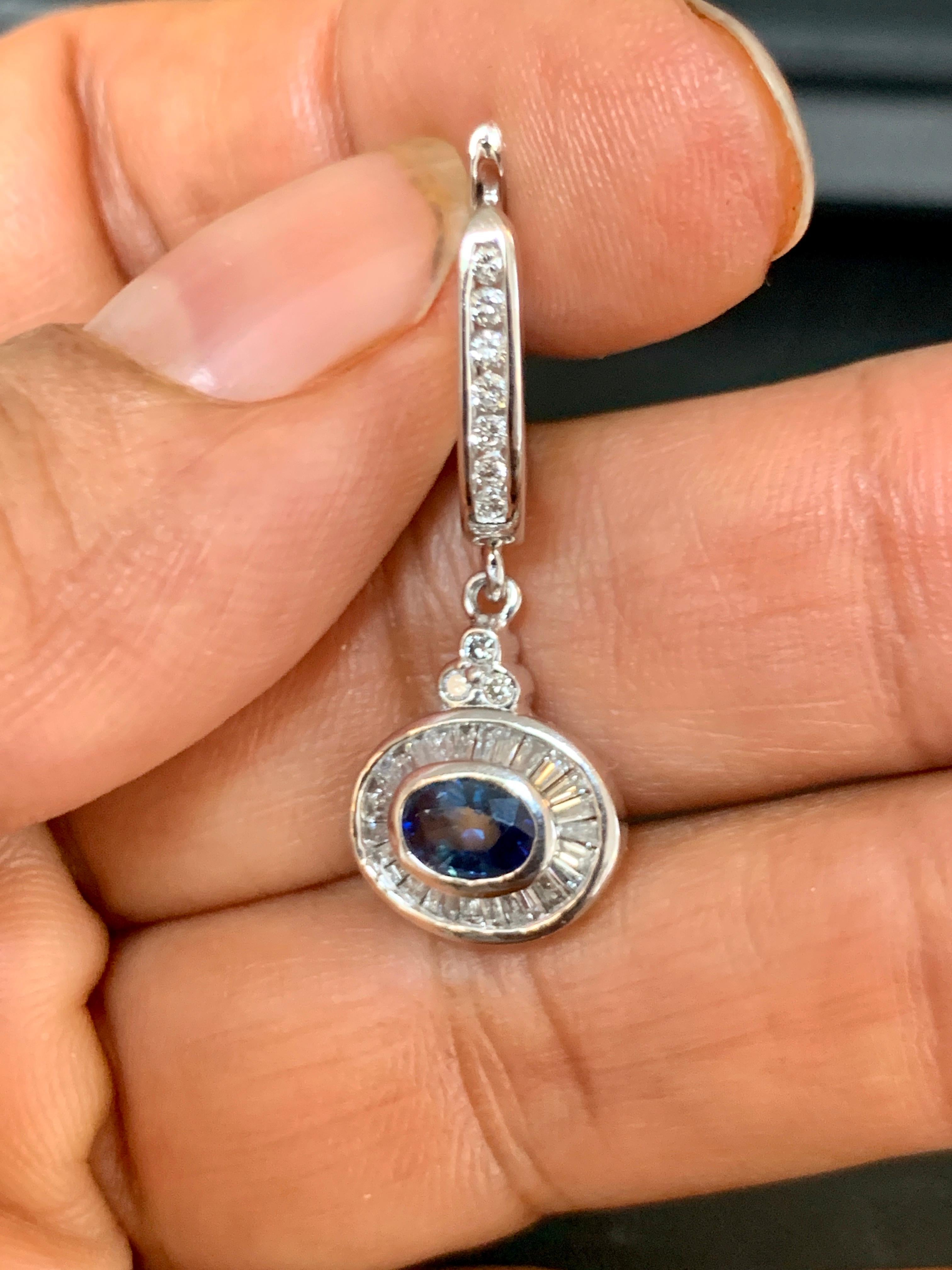 0.7 Ct Natural Blue Sapphire & 0.75 Ct Diamond Huggie/Drop Earrings 14Karat Gold For Sale 2