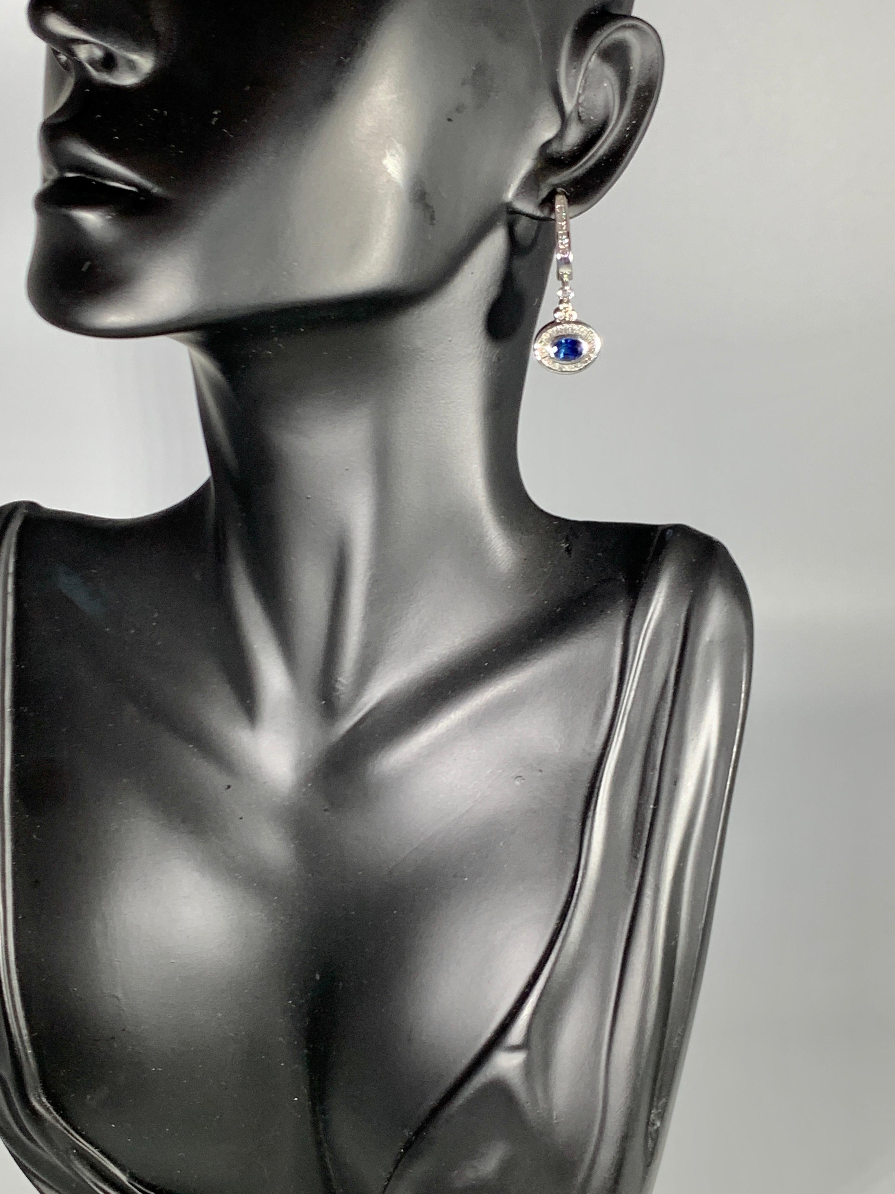 0.7 Ct Natural Blue Sapphire & 0.75 Ct Diamond Huggie/Drop Earrings 14Karat Gold For Sale 3