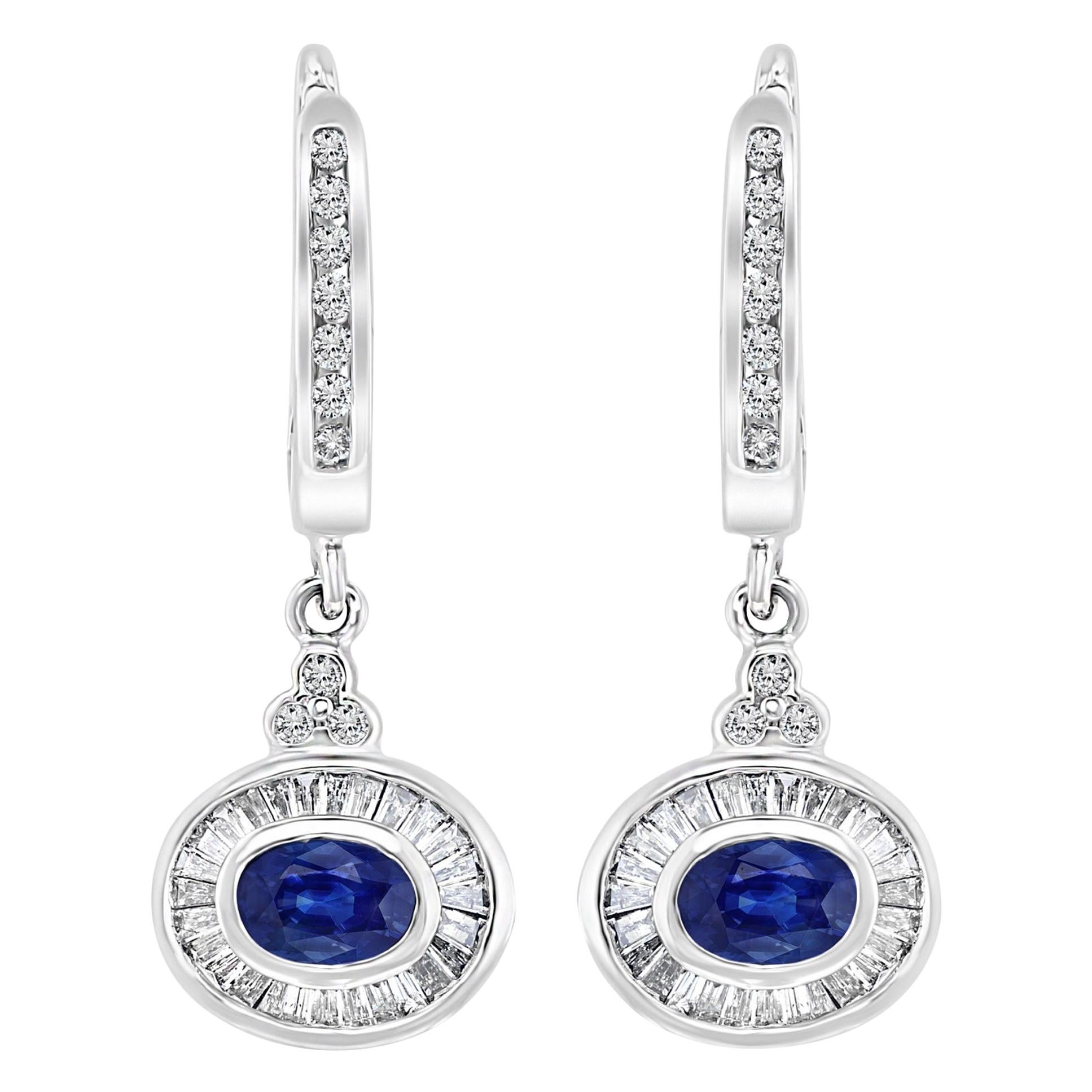 0.7 Ct Natural Blue Sapphire & 0.75 Ct Diamond Huggie/Drop Earrings 14Karat Gold For Sale