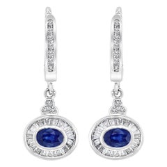 Boucles d'oreilles Huggie/Drop en or 14 carats avec saphir bleu naturel 0,7 carat et diamant 0,7 carat