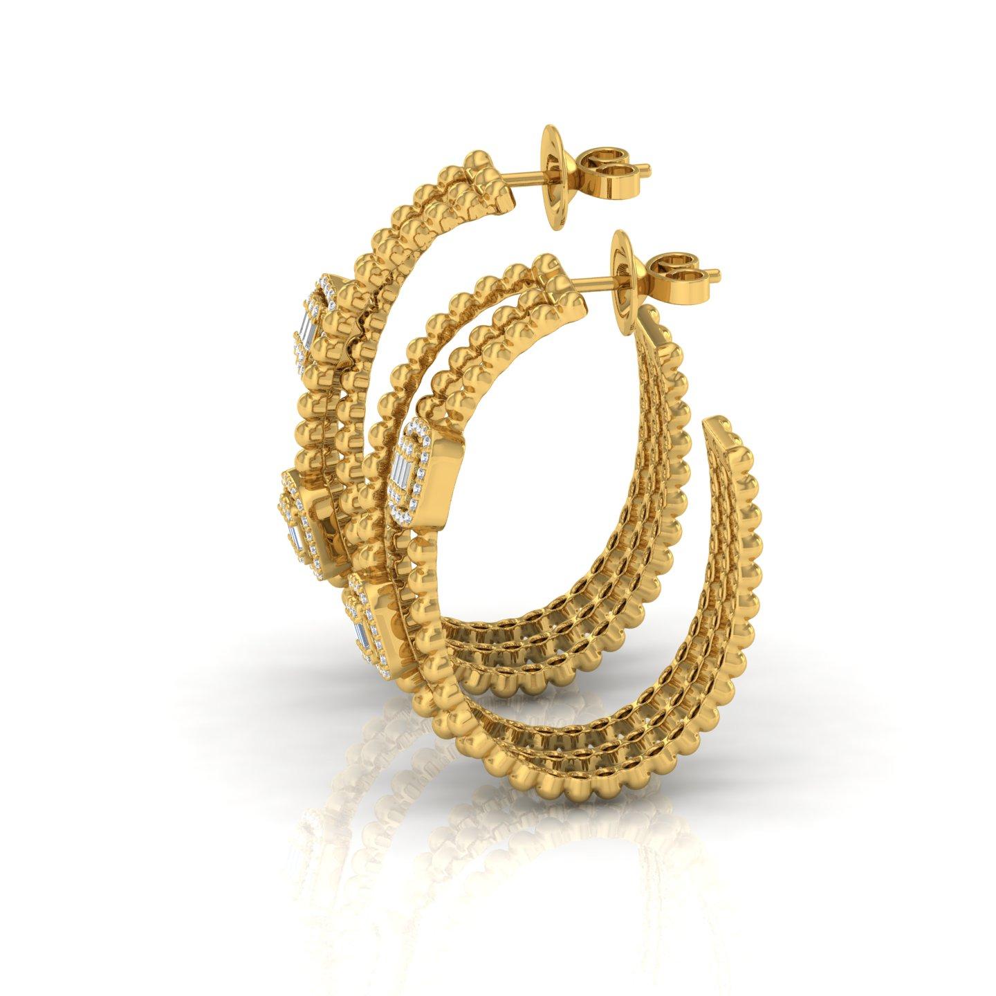Modern 0.70 Carat Baguette Diamond Hoop Earrings 18 Karat Yellow Gold Handmade Jewelry For Sale