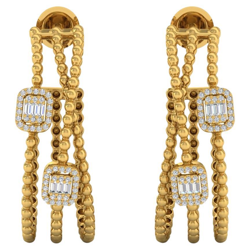 0.70 Carat Baguette Diamond Hoop Earrings 18 Karat Yellow Gold Handmade Jewelry For Sale