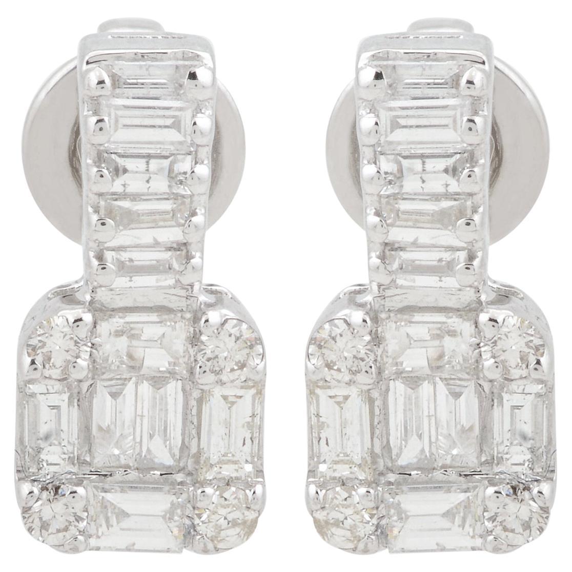Clous d'oreilles en or blanc 10 carats avec diamants baguettes de 0,70 carat, fabrication artisanale en vente