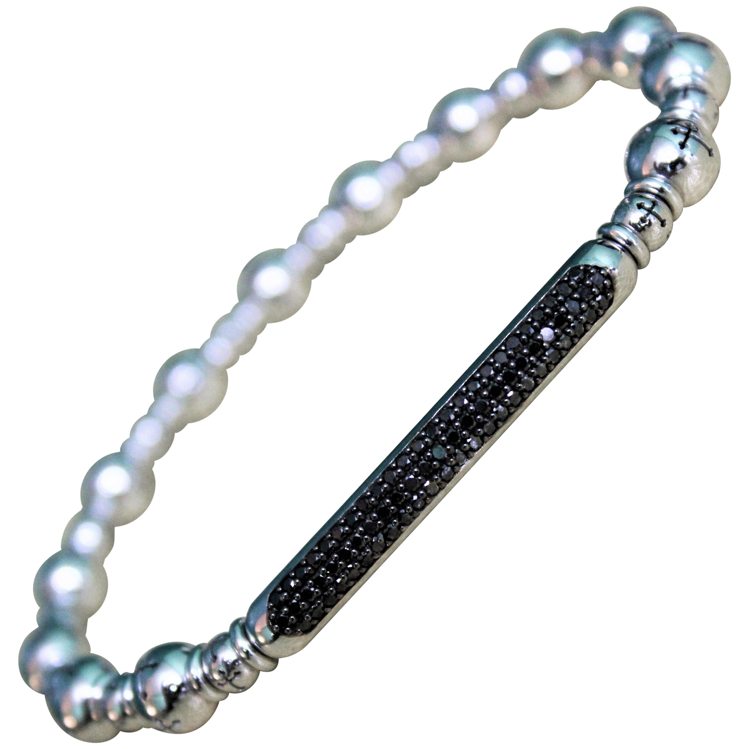 0.70 Carat Black Diamonds White 18 Karat Gold Beaded Bracelet Titanium Spring For Sale