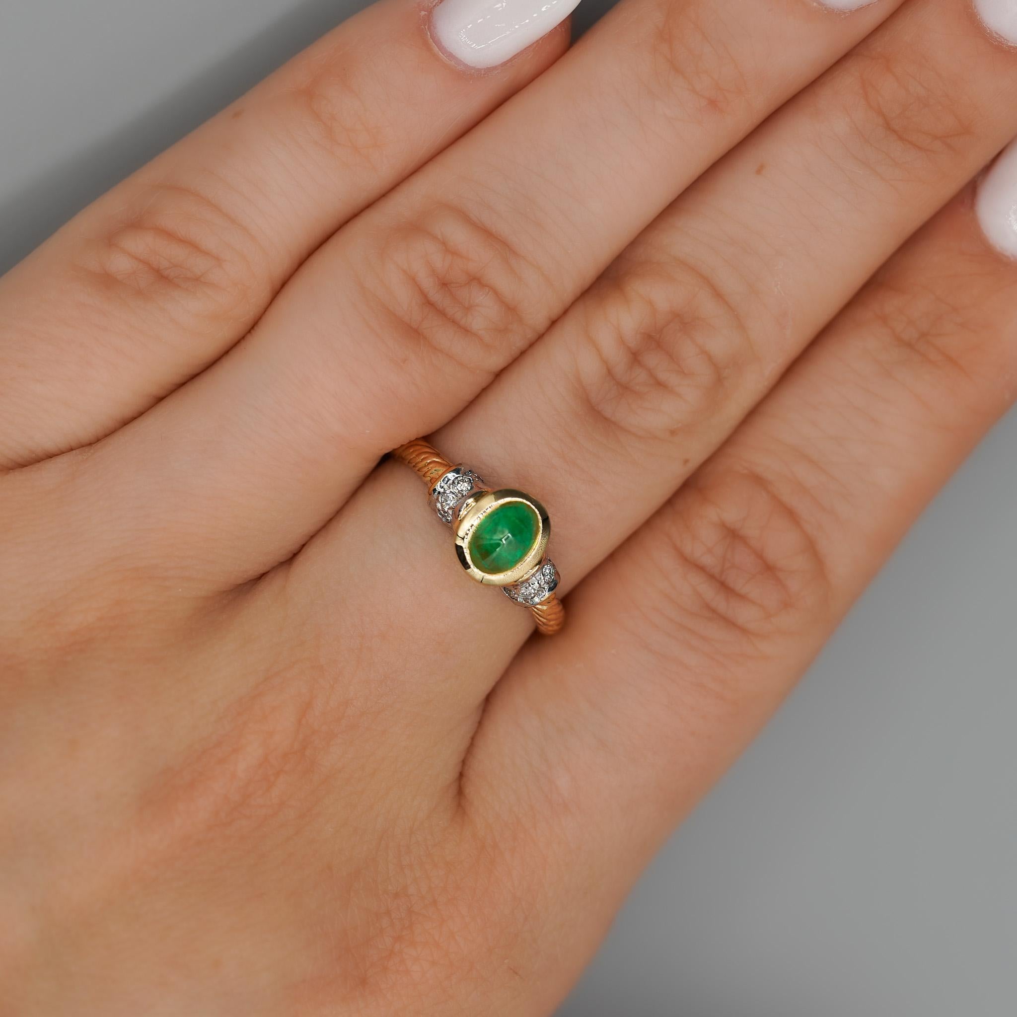 0.70 Carat Cabochon Emerald Bezel Set 14K Gold Ring For Sale 6