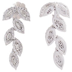 0.70 Carat CVD Diamond Leaf Dangle Earrings 10 Karat White Gold Handmade Jewelry