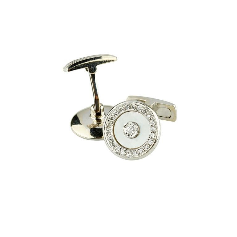 Modern 0.70 Carat Diamond and Mother of Pearl Inlay Cufflinks in White Gold For Sale