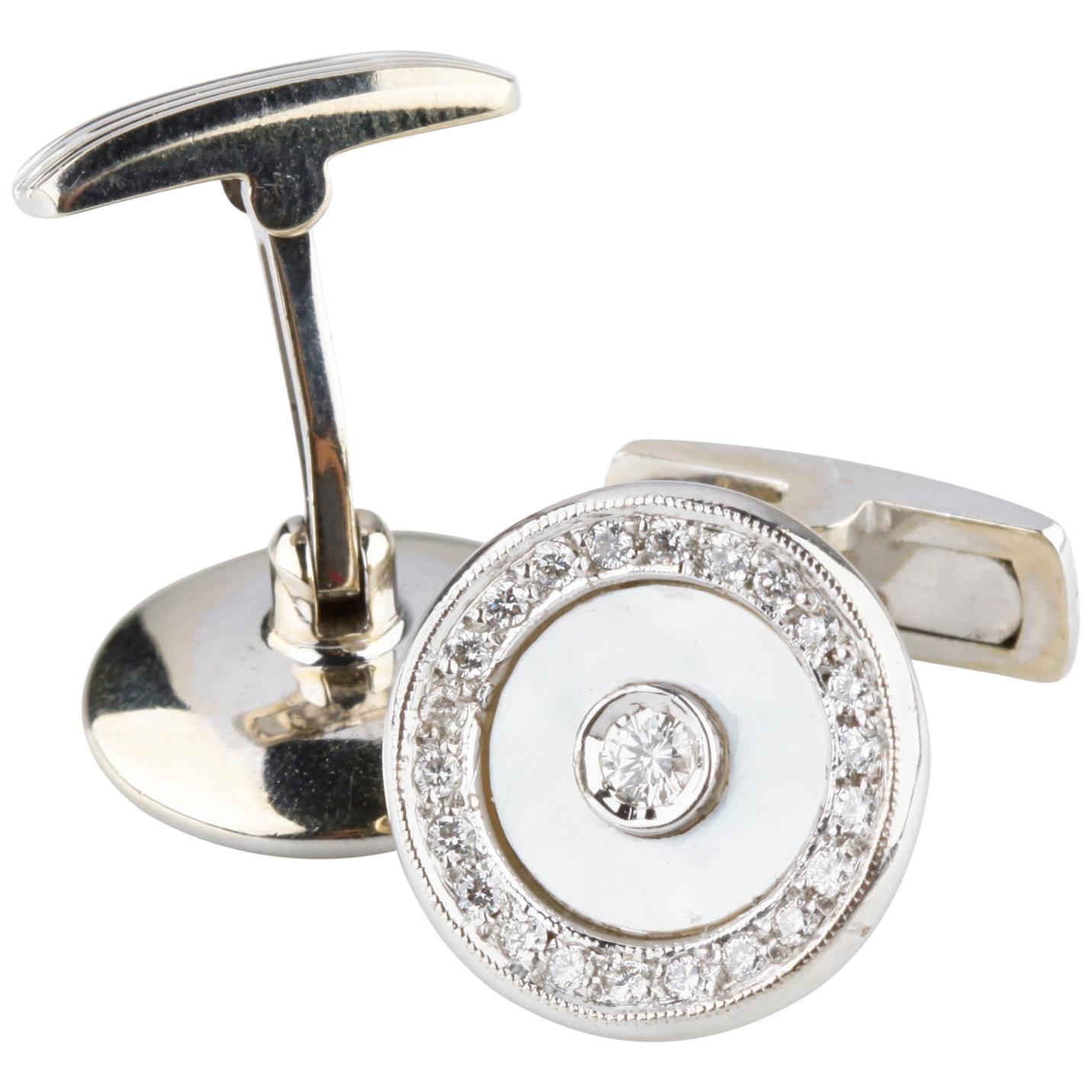 0.70 Carat Diamond and Mother of Pearl Inlay Cufflinks in White Gold For Sale