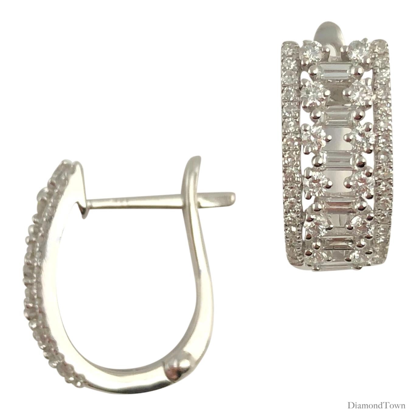 These diamond hoop earrings shine with 0.70 carats layered baguette and round diamonds, set in 14k White Gold. A perfect bridal accompaniment or gift.

Many of our items have matching companion pieces. Please inquire.

An insurance appraisal