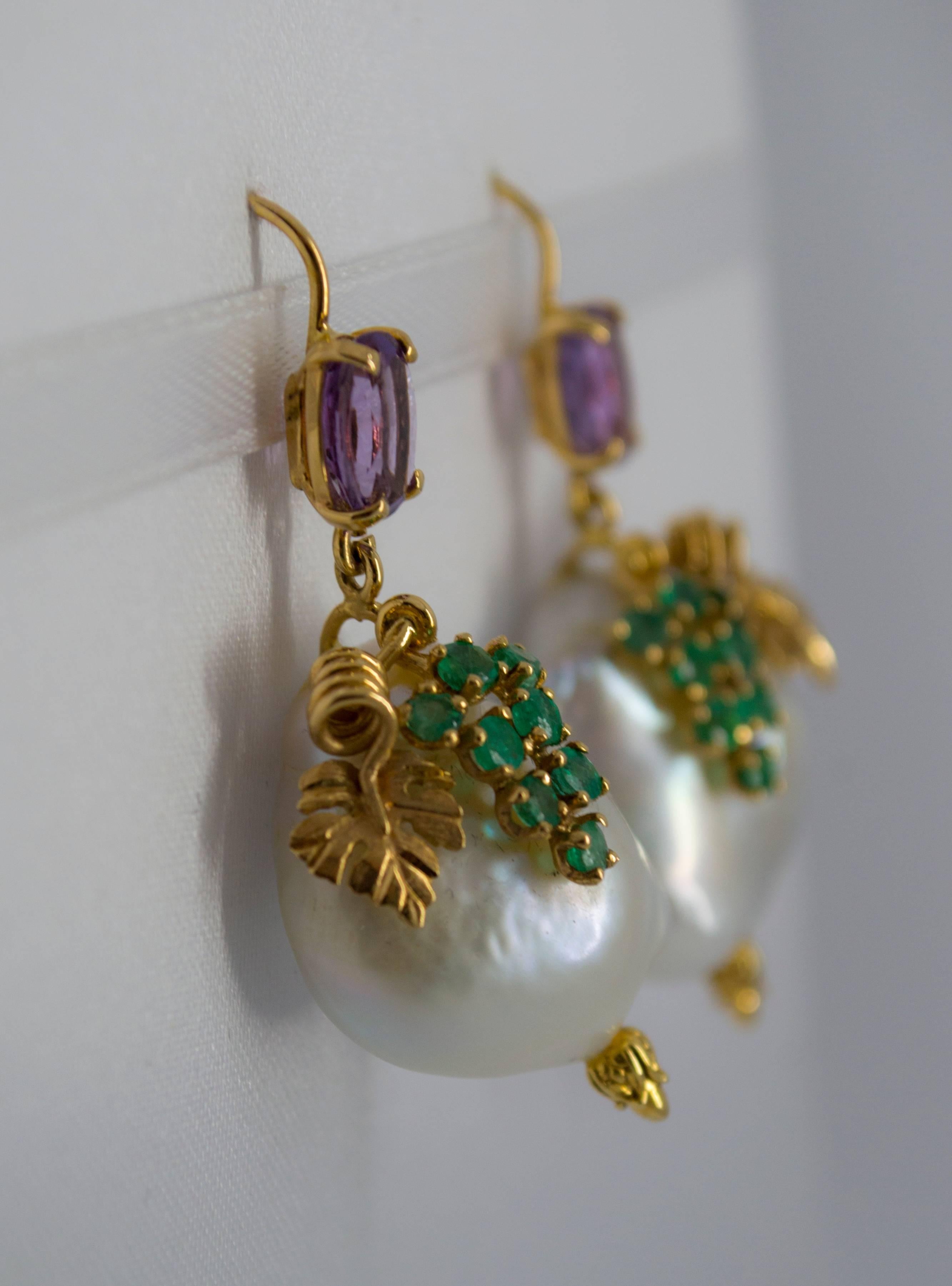 0.70 Carat Emerald Amethyst Pearl Yellow Gold Earrings In New Condition In Naples, IT