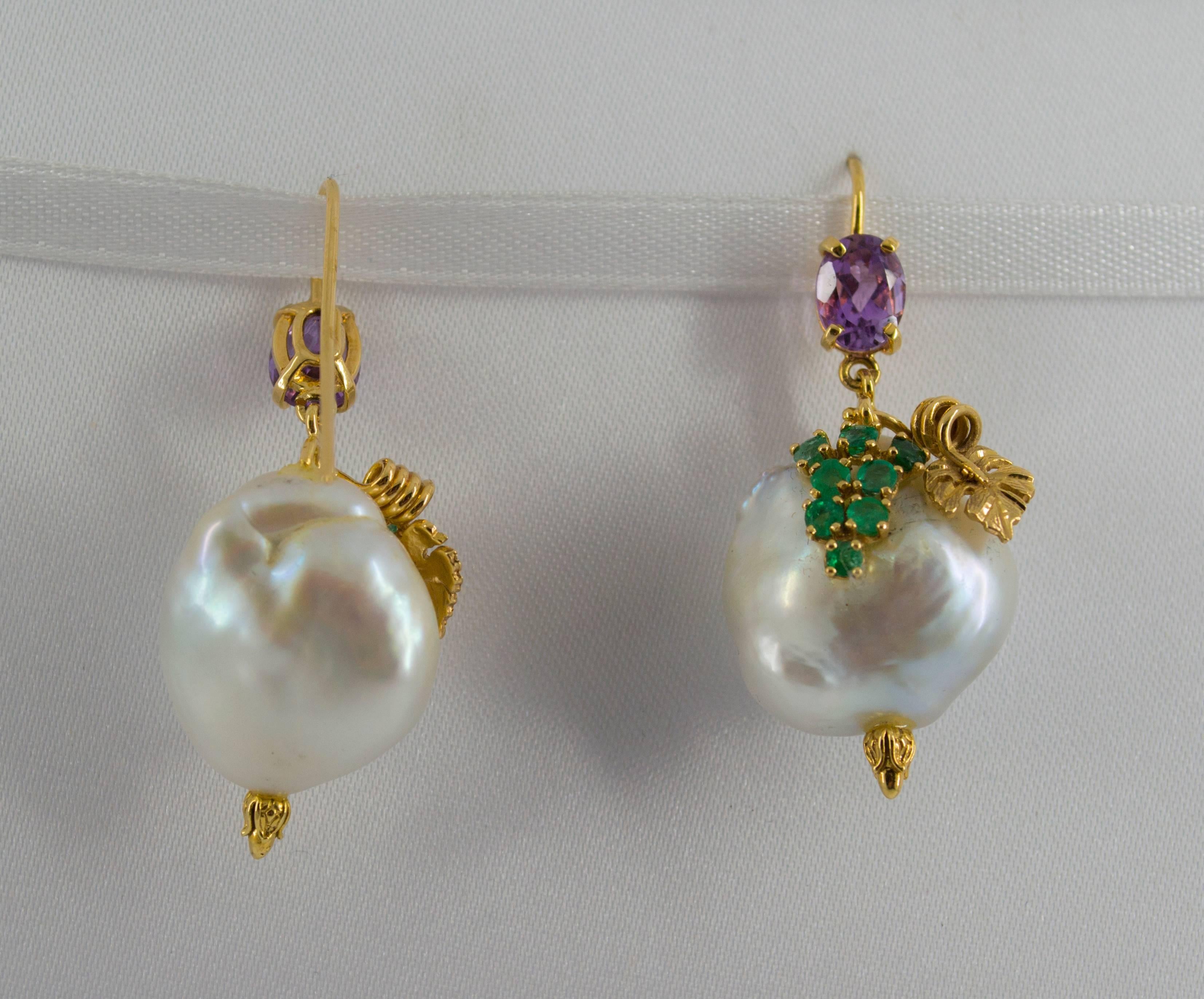 0.70 Carat Emerald Amethyst Pearl Yellow Gold Earrings 1