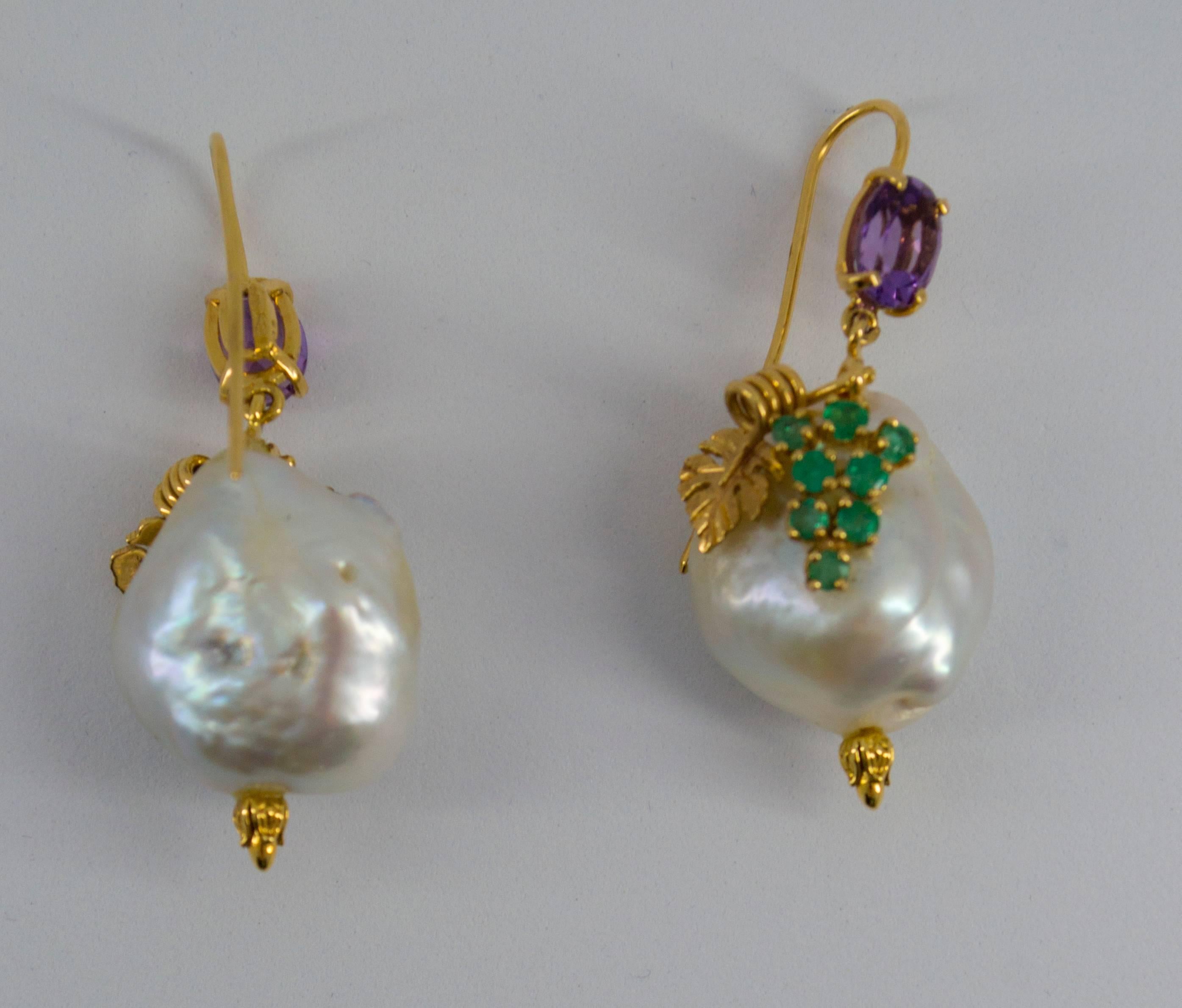 0.70 Carat Emerald Amethyst Pearl Yellow Gold Earrings 2