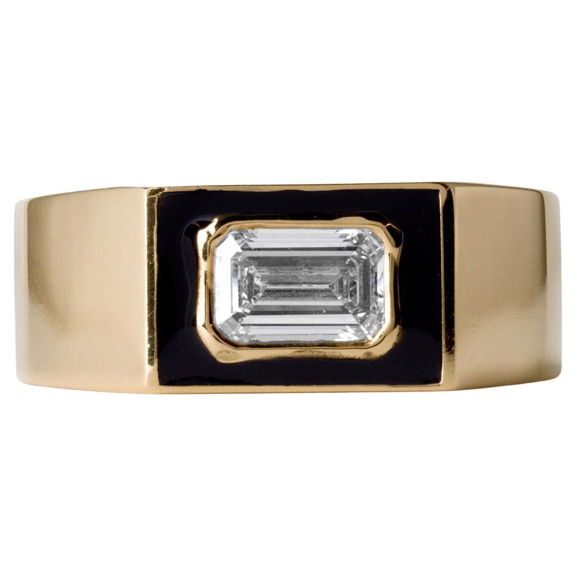0.70 Carat Emerald Cut Diamond Black Enamel Bezel Set 14K Yellow Gold Cigar Ring