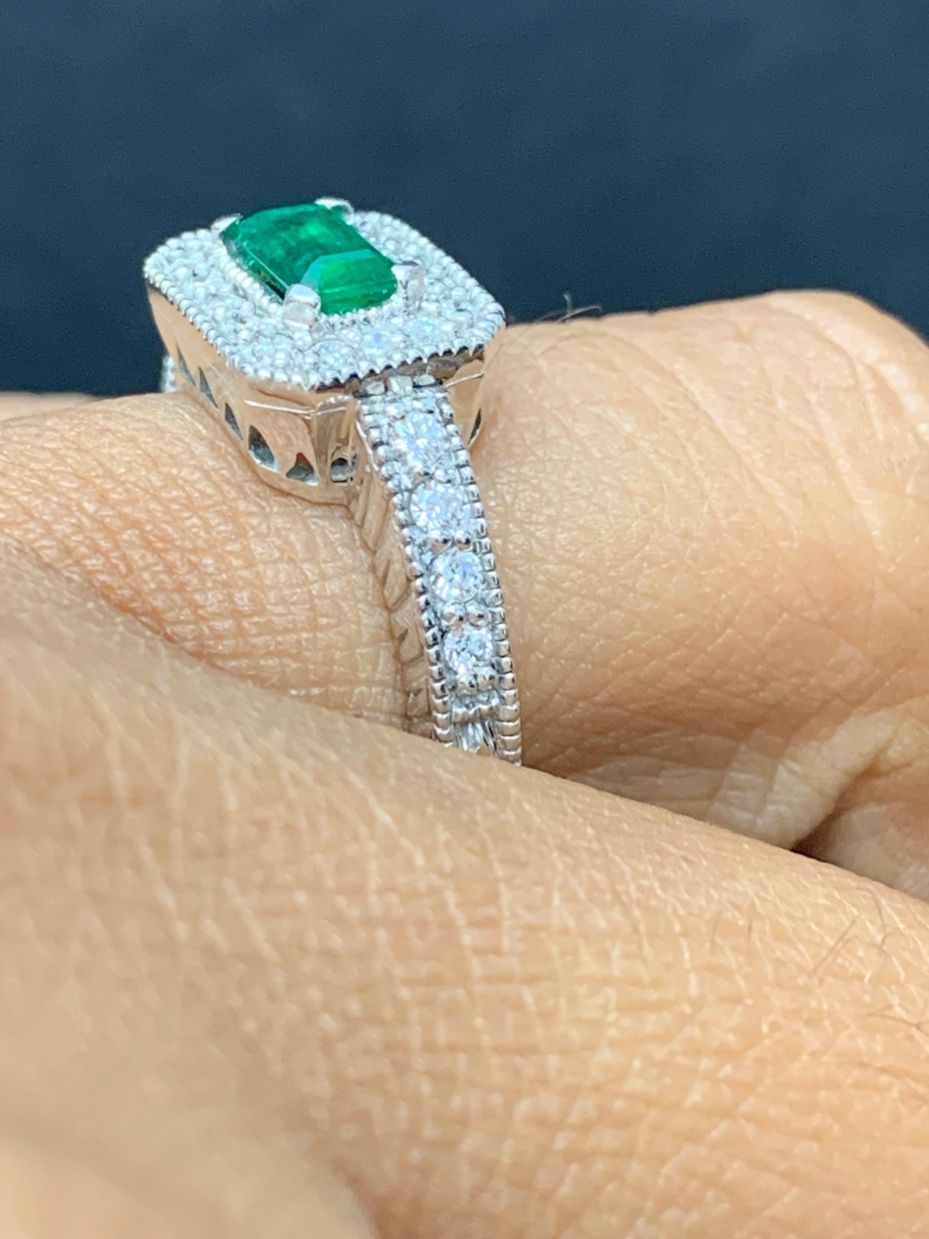 0.70 Carat Emerald-Cut Emerald and Diamond Ring in 14K White Gold For Sale 7