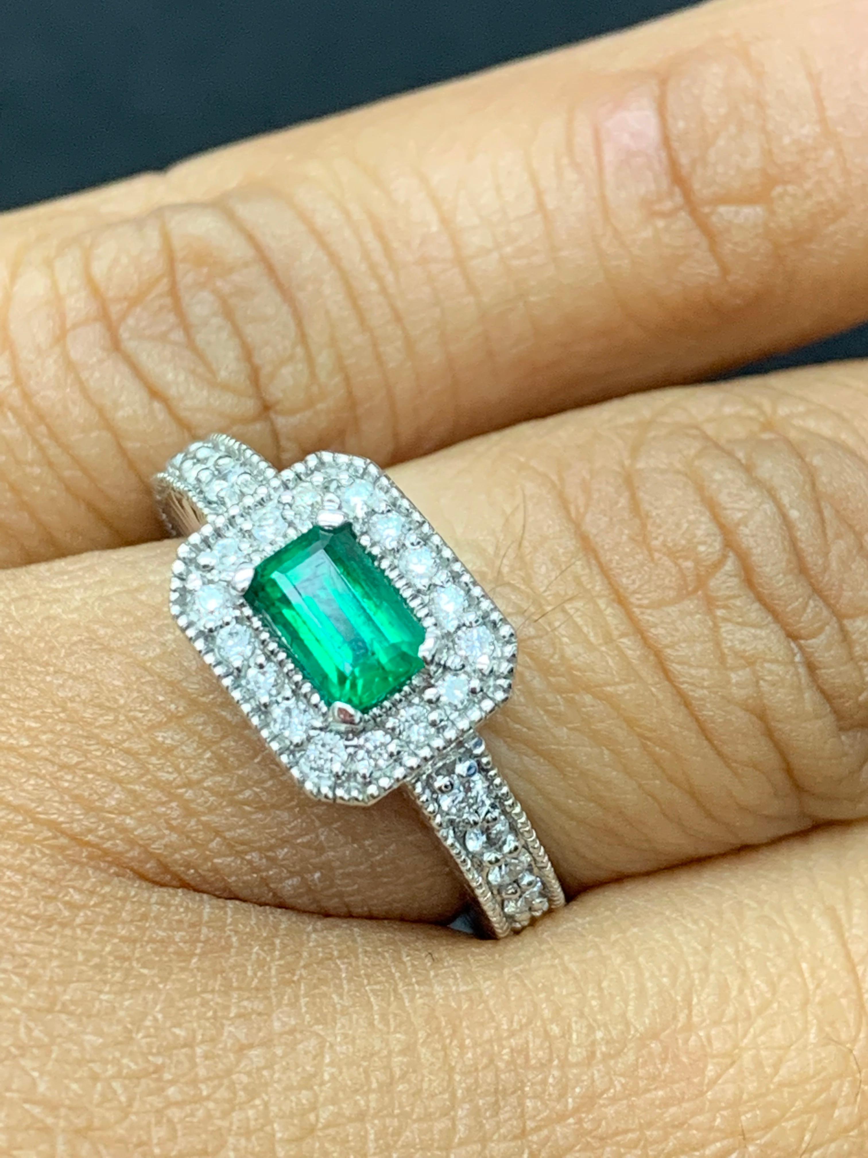 0.70 Carat Emerald-Cut Emerald and Diamond Ring in 14K White Gold For Sale 8