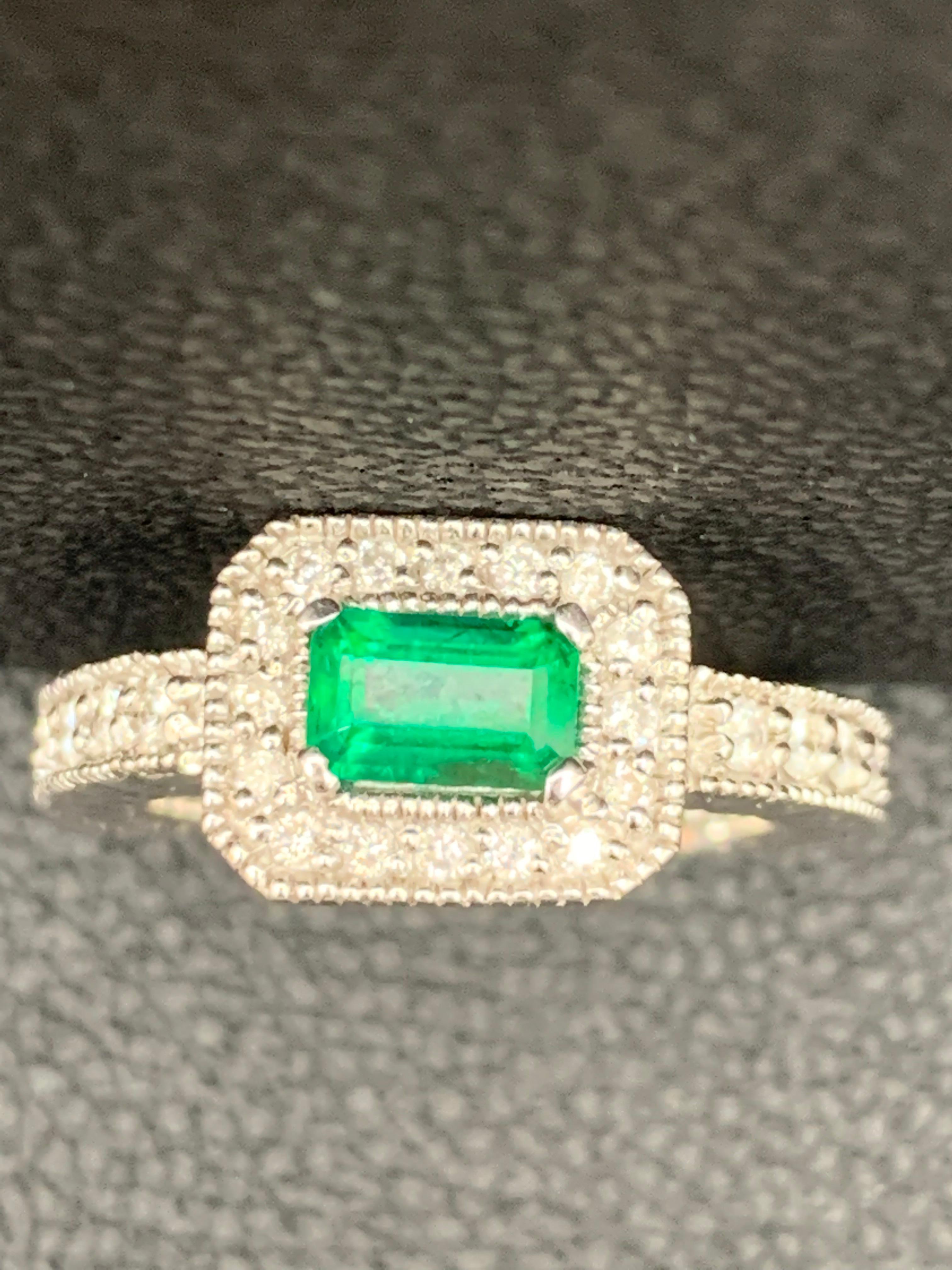 0.70 Carat Emerald-Cut Emerald and Diamond Ring in 14K White Gold For Sale 2
