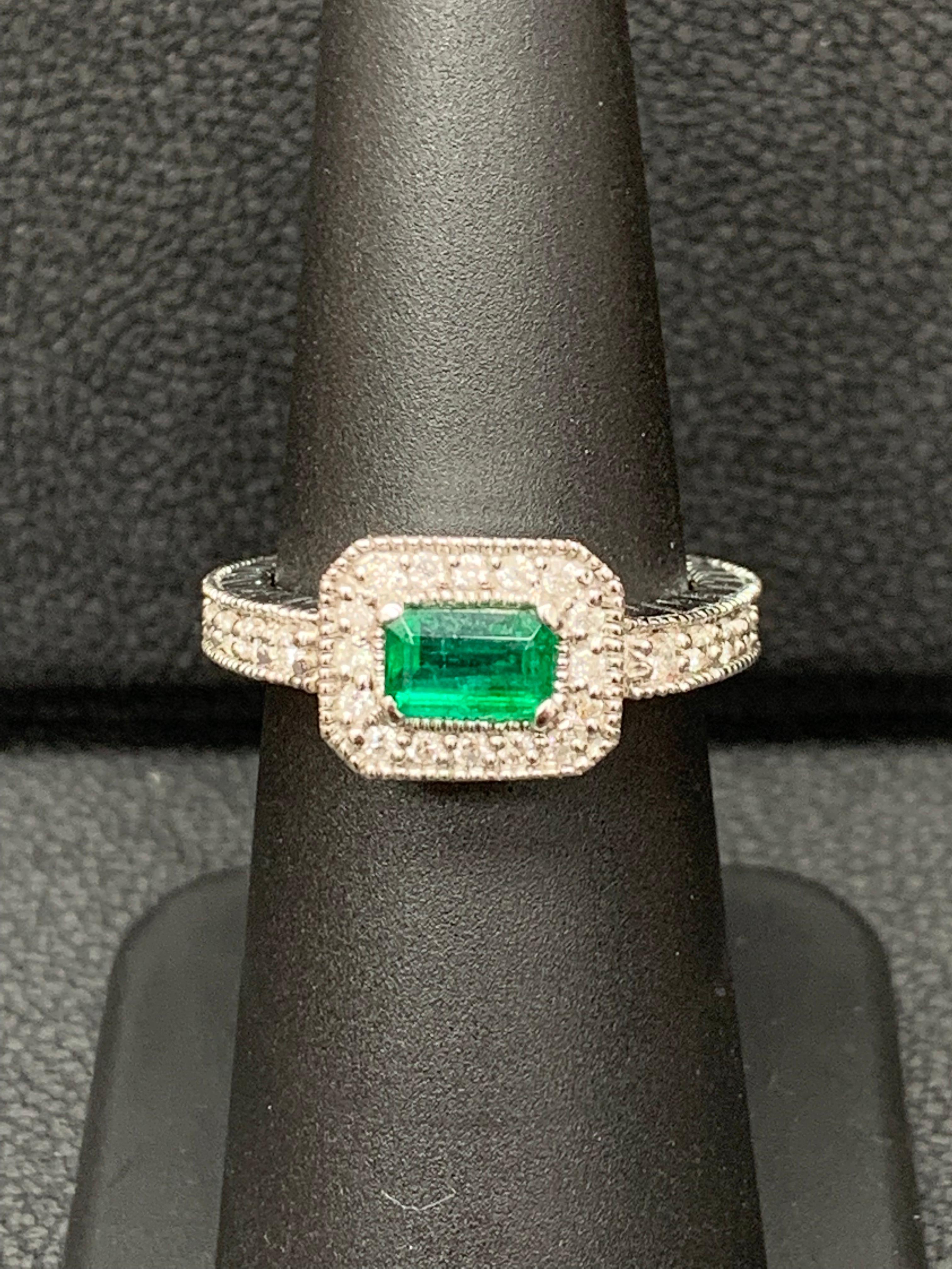 0.70 Carat Emerald-Cut Emerald and Diamond Ring in 14K White Gold For Sale 3