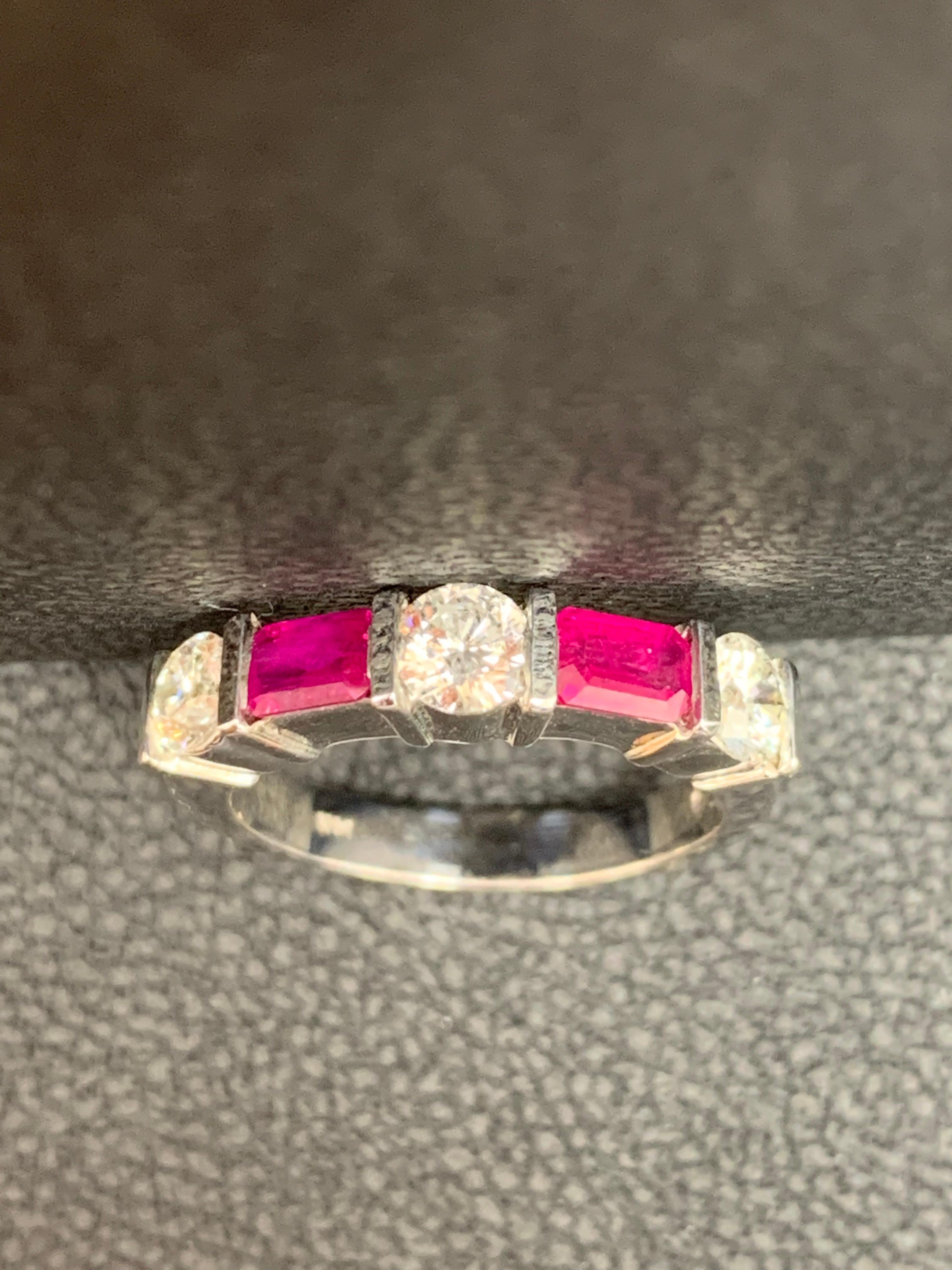 Women's 0.70 Carat Emerald Cut Ruby and Diamond Band in 14K White Gold For Sale