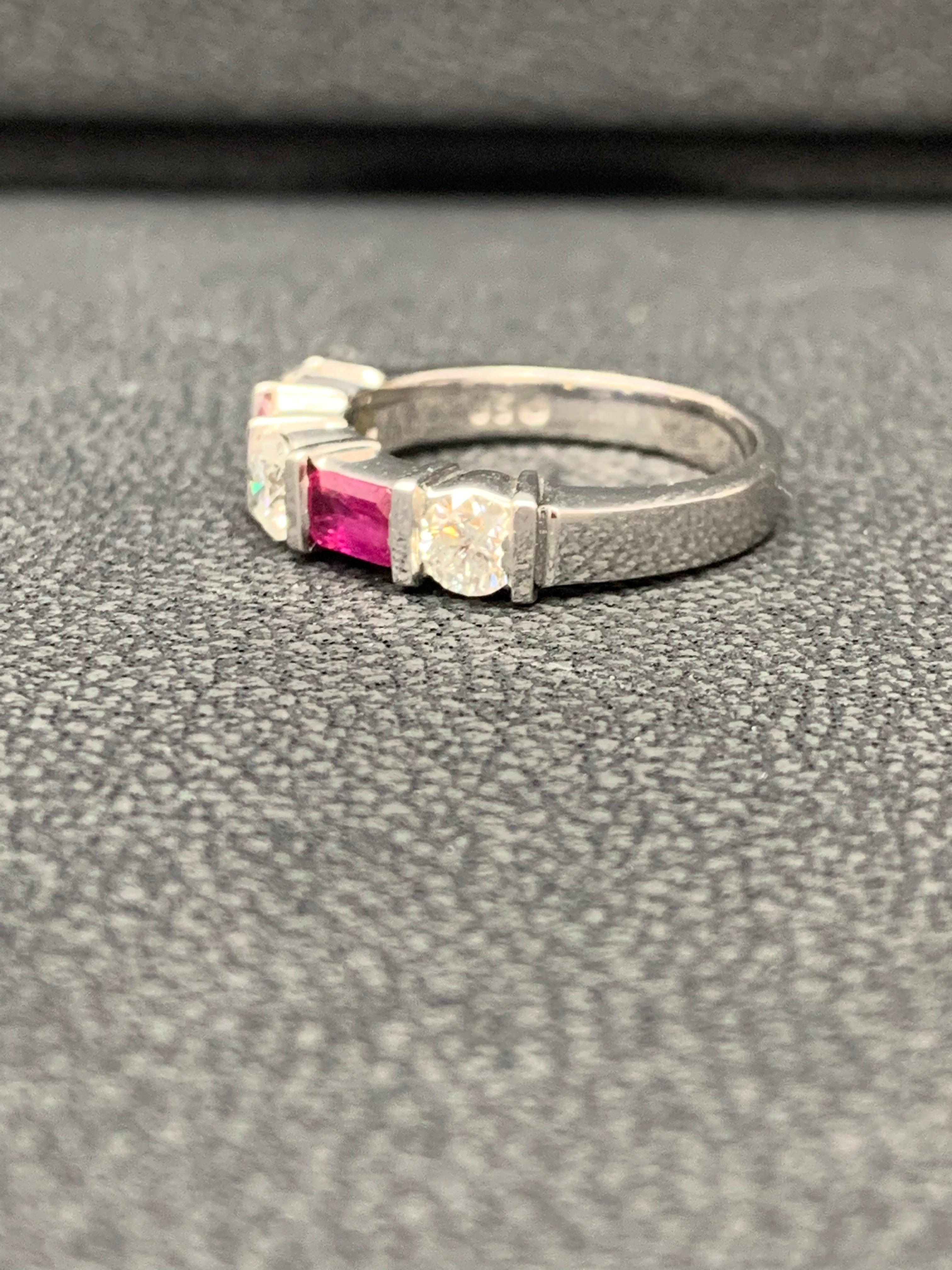 0.70 Carat Emerald Cut Ruby and Diamond Band in 14K White Gold For Sale 1