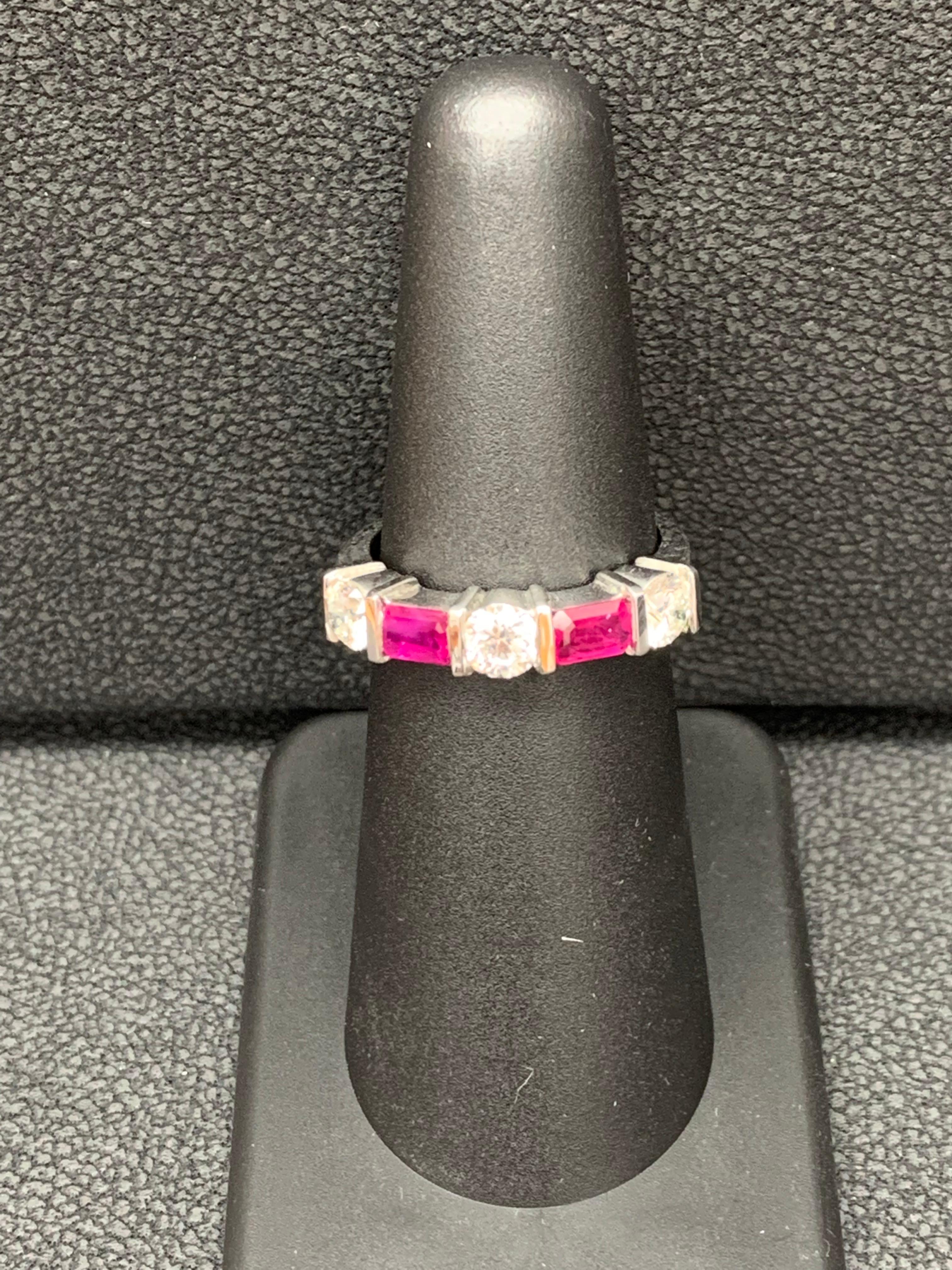 0.70 Carat Emerald Cut Ruby and Diamond Band in 14K White Gold For Sale 2
